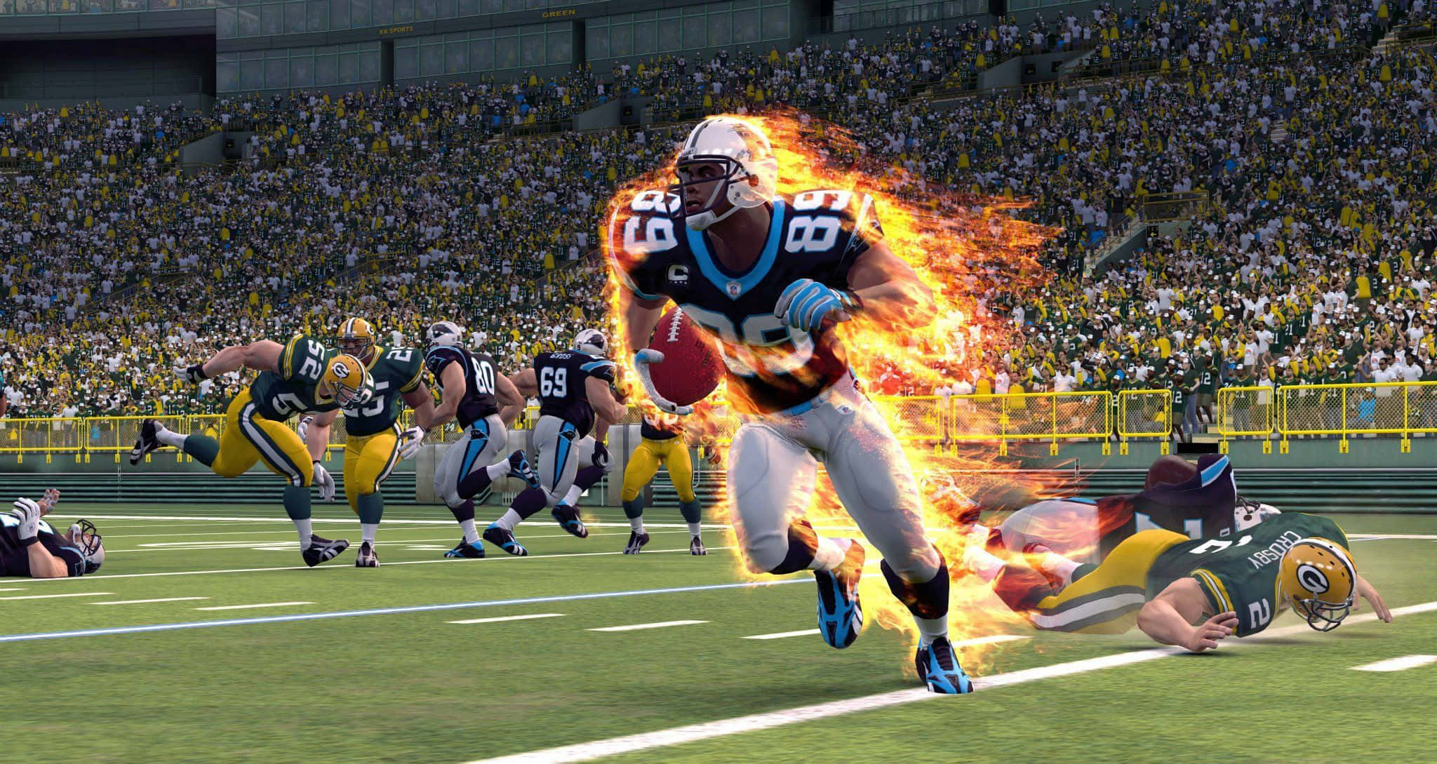 HD NFL, flaming football player, blue and black jersey, Full HD Desktop Wallpaper