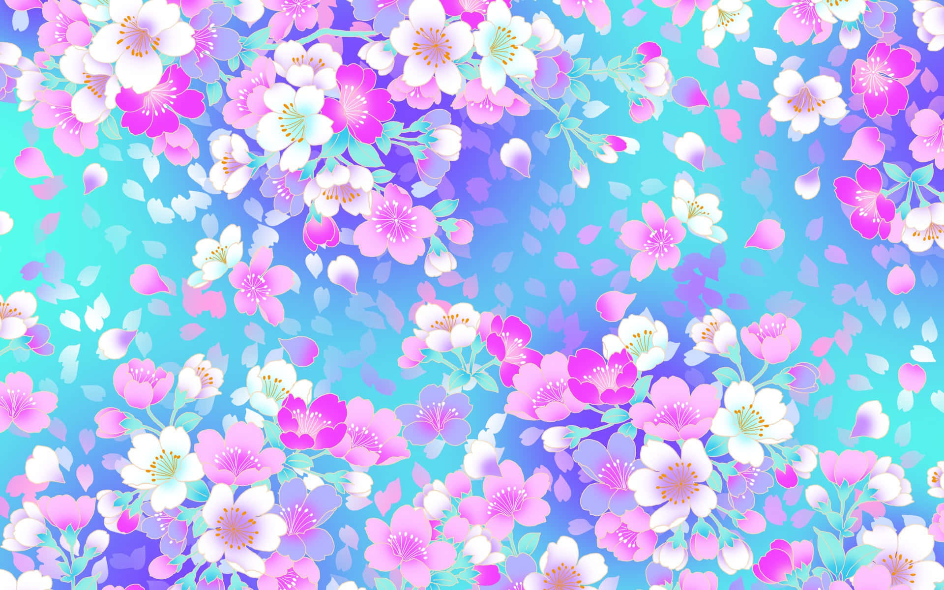 pink and white flowers, cherry blossoms, turquoise and lavender gradient sky, Full HD Desktop Wallpaper