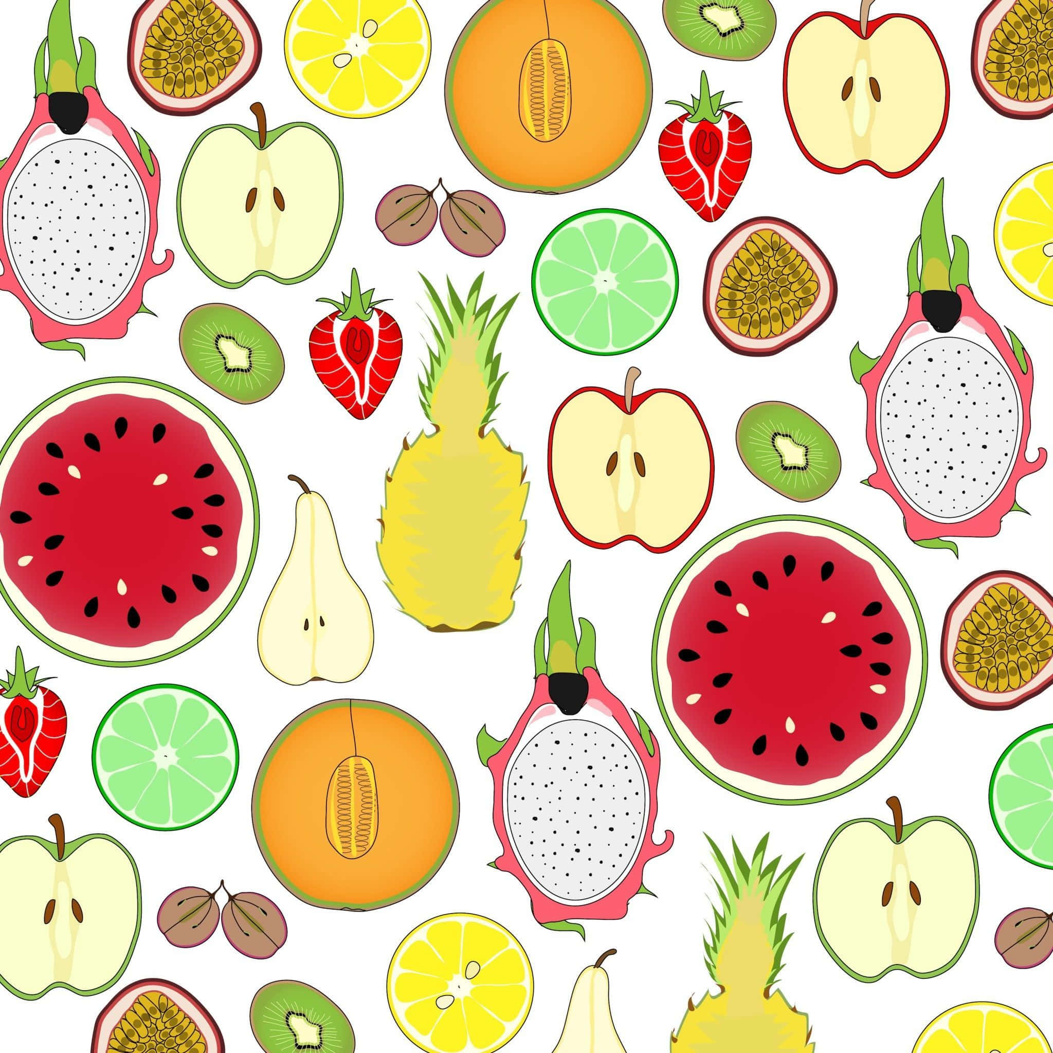 HD Pattern, halved tropical fruits, cartoon-style, Full HD Desktop Wallpaper