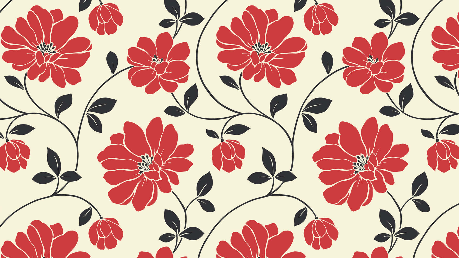 red chrysanthemums, stylized flowers, black stems, Full HD Desktop Wallpaper