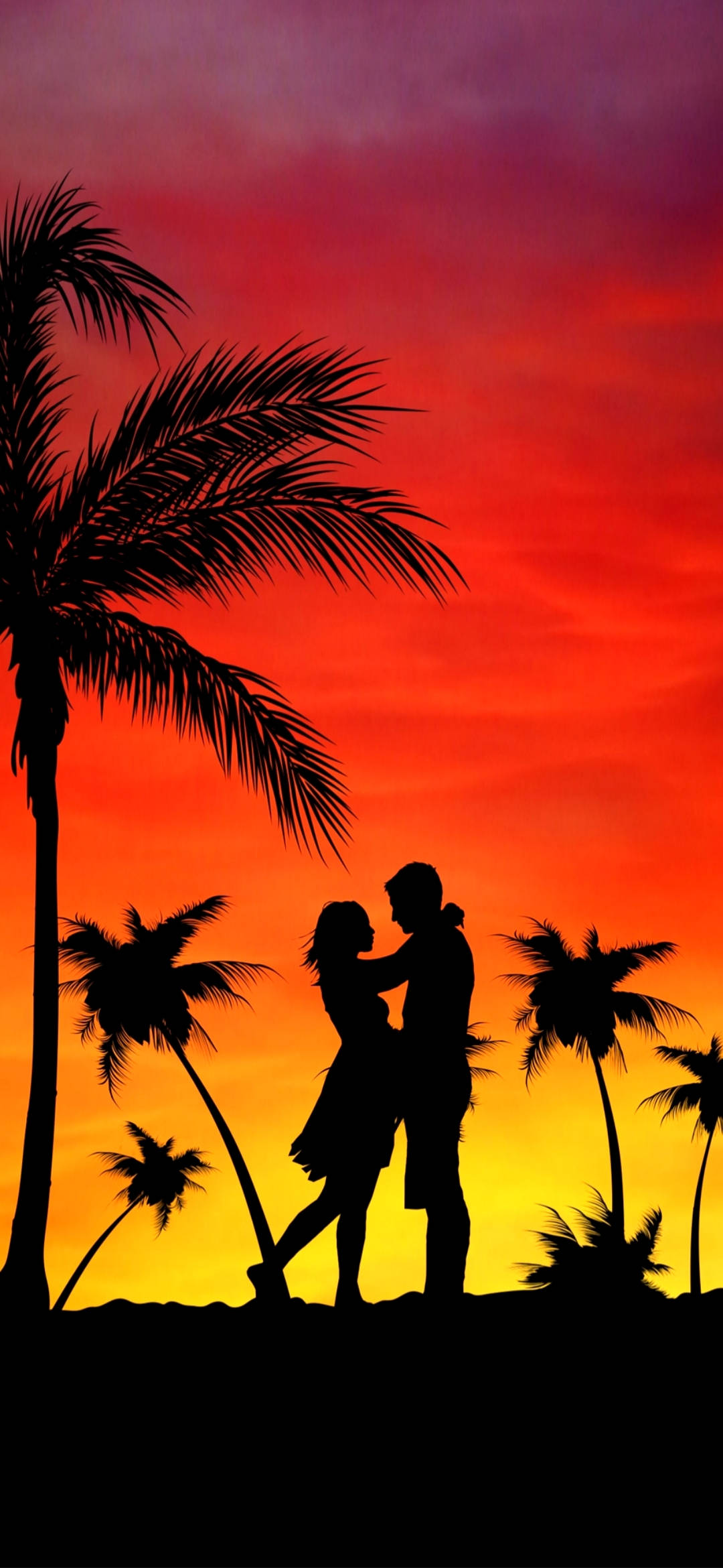 sweet couple, orange sky, fiery sunset sky, Full HD Phone Wallpaper