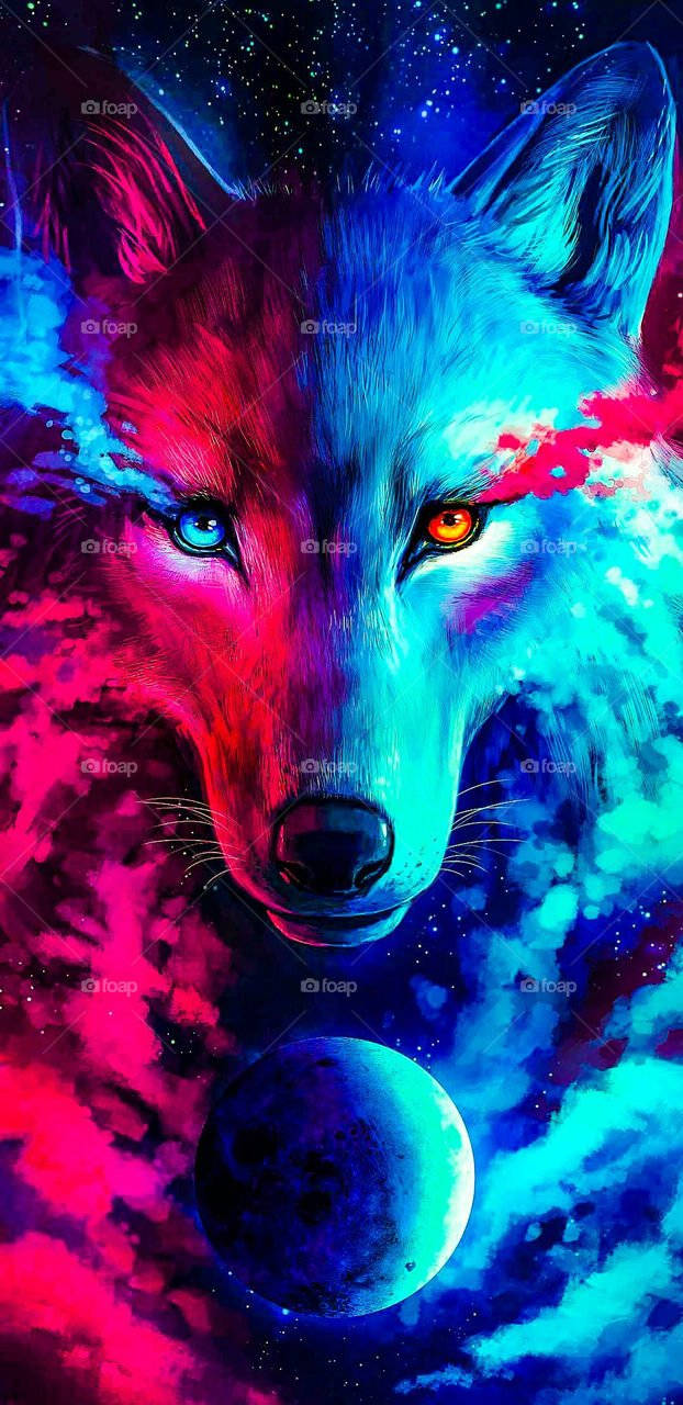 neon-colored wolf, glowing eyes, cosmic backdrop, HD Phone Wallpaper