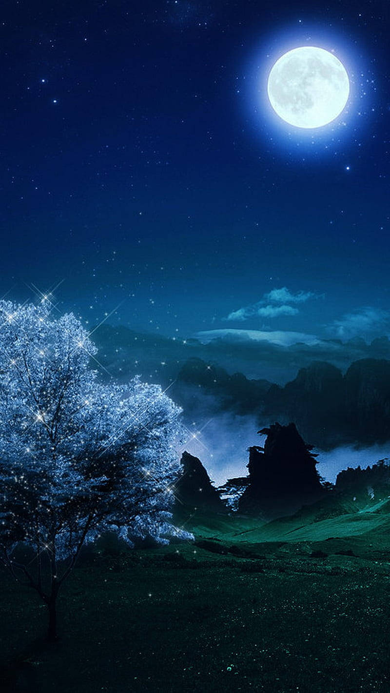 luminous full moon, mystical night landscape, sparkling tree, HD Phone Wallpaper