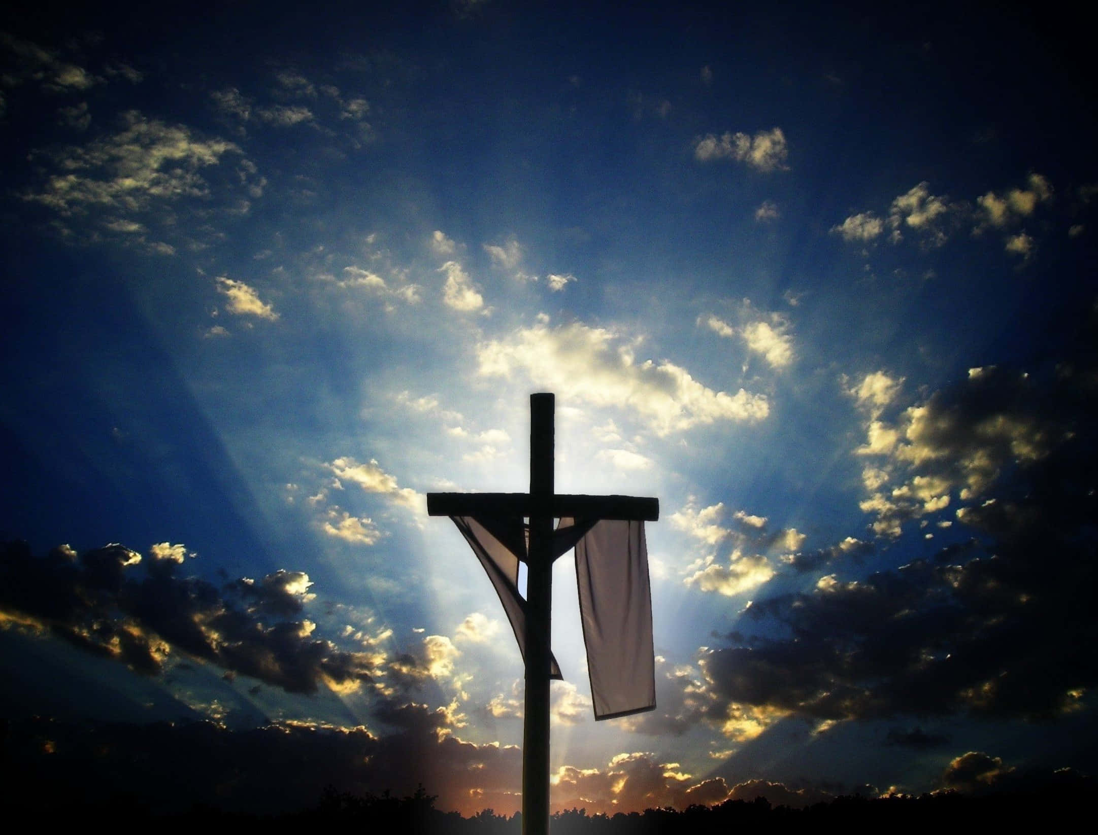 wooden cross silhouette, dramatic sky, radiant sunbeams, Full HD Desktop Wallpaper