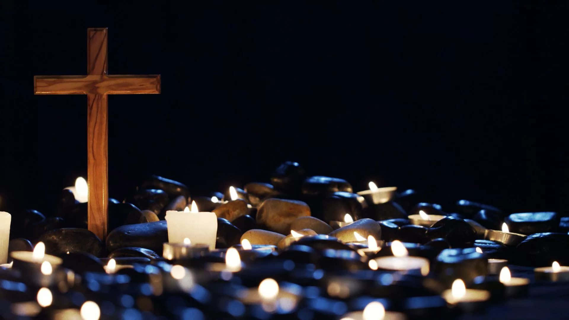 wooden cross, glowing candles, smooth stones, Full HD Desktop Wallpaper