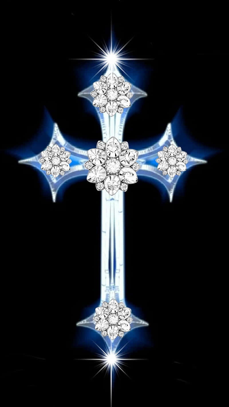 diamond-encrusted cross, electric blue light, pure black background, HD Phone Wallpaper