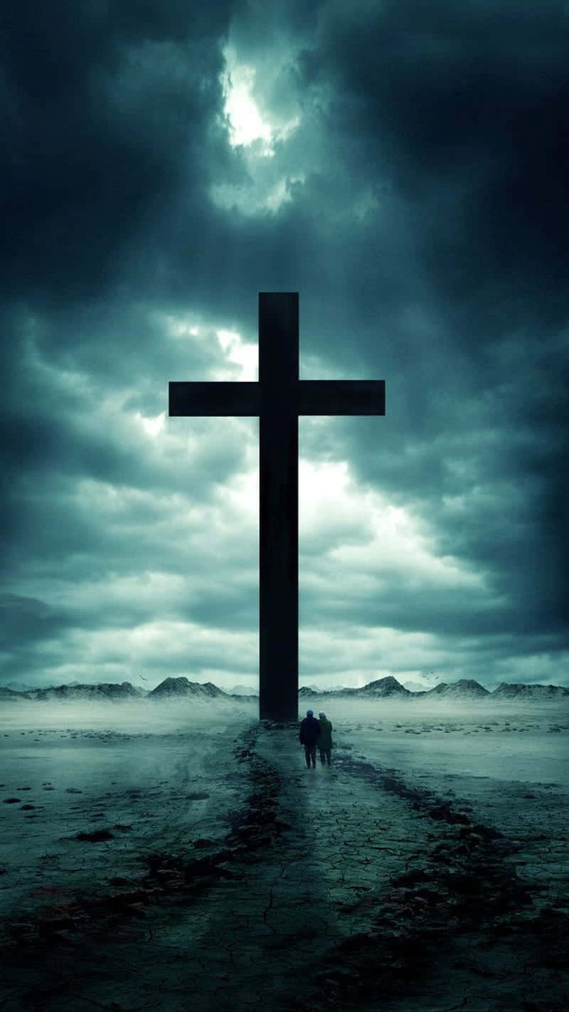 towering cross, stormy teal sky, distant mountains, HD Phone Wallpaper