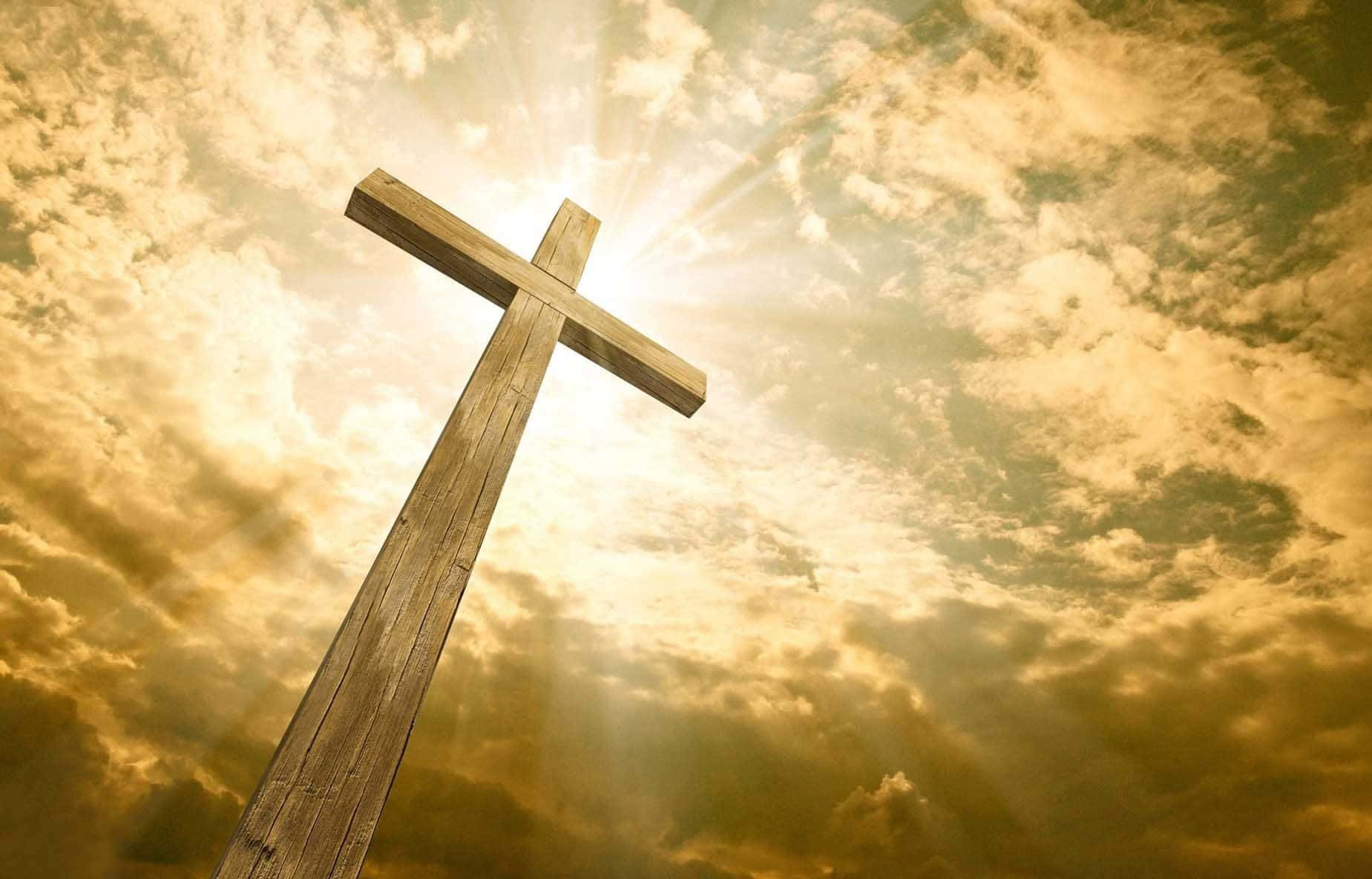 wooden cross, golden sky, radiant sunbeams, HD Desktop Wallpaper