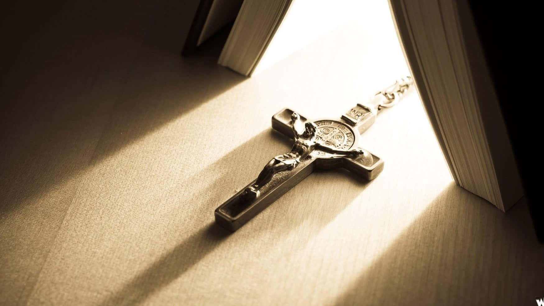 silver crucifix, warm sunlight, open book pages, HD Desktop Wallpaper