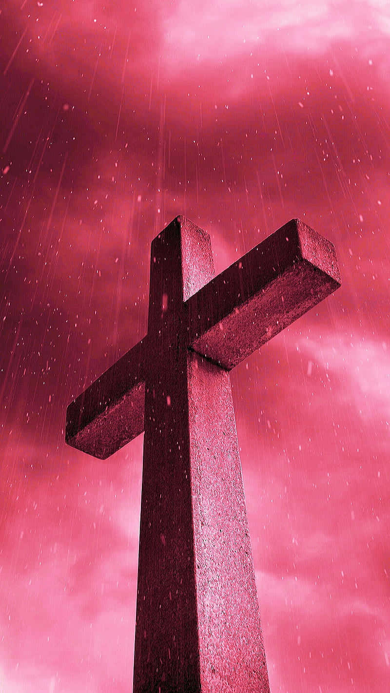 stone cross, vivid pink stormy sky, rain, HD Phone Wallpaper