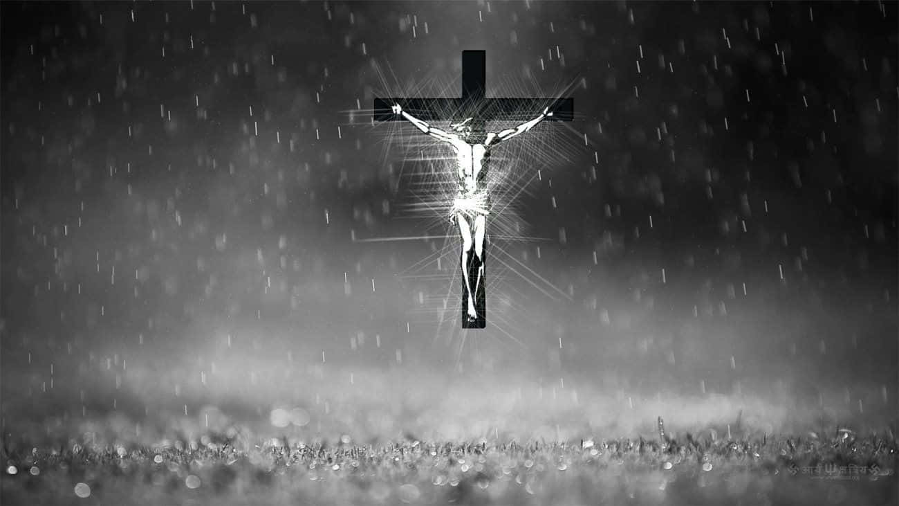 crucifixion scene, luminous crucifixion, monochrome rain, HD Desktop Wallpaper