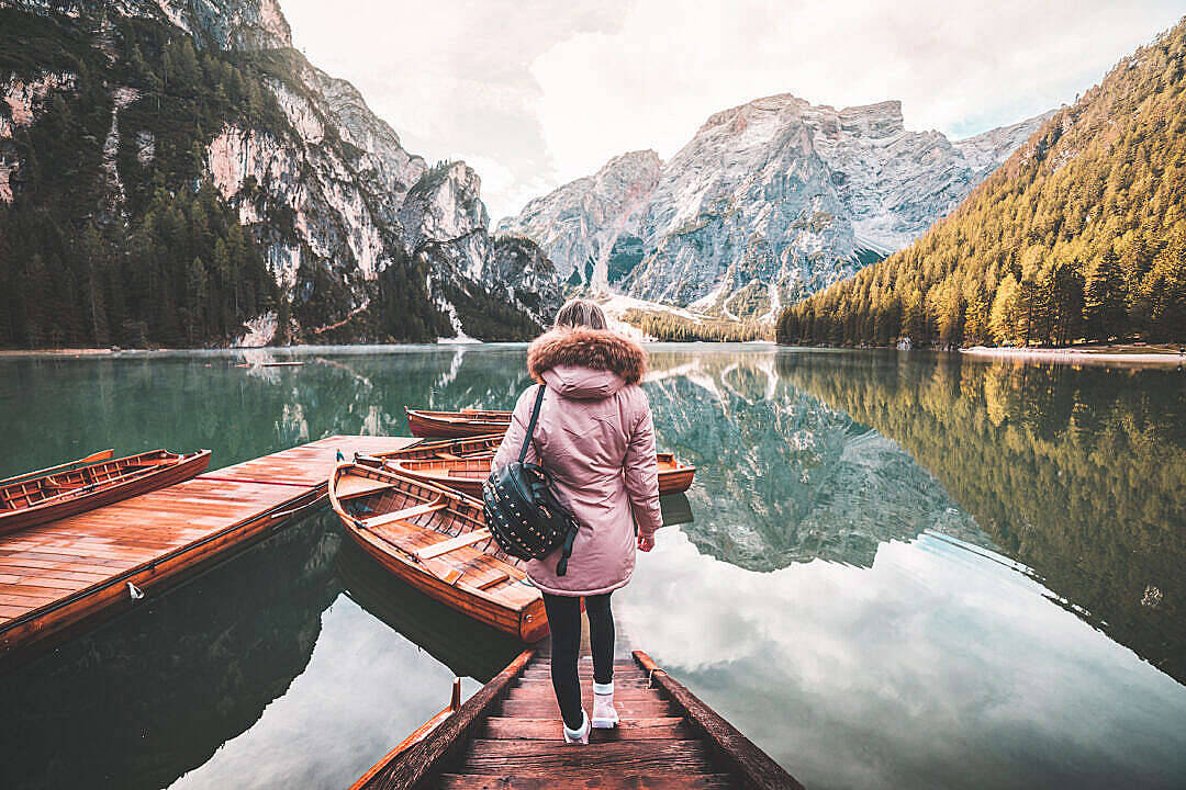 pink coat, wooden dock, mountain lake, SD Desktop Wallpaper