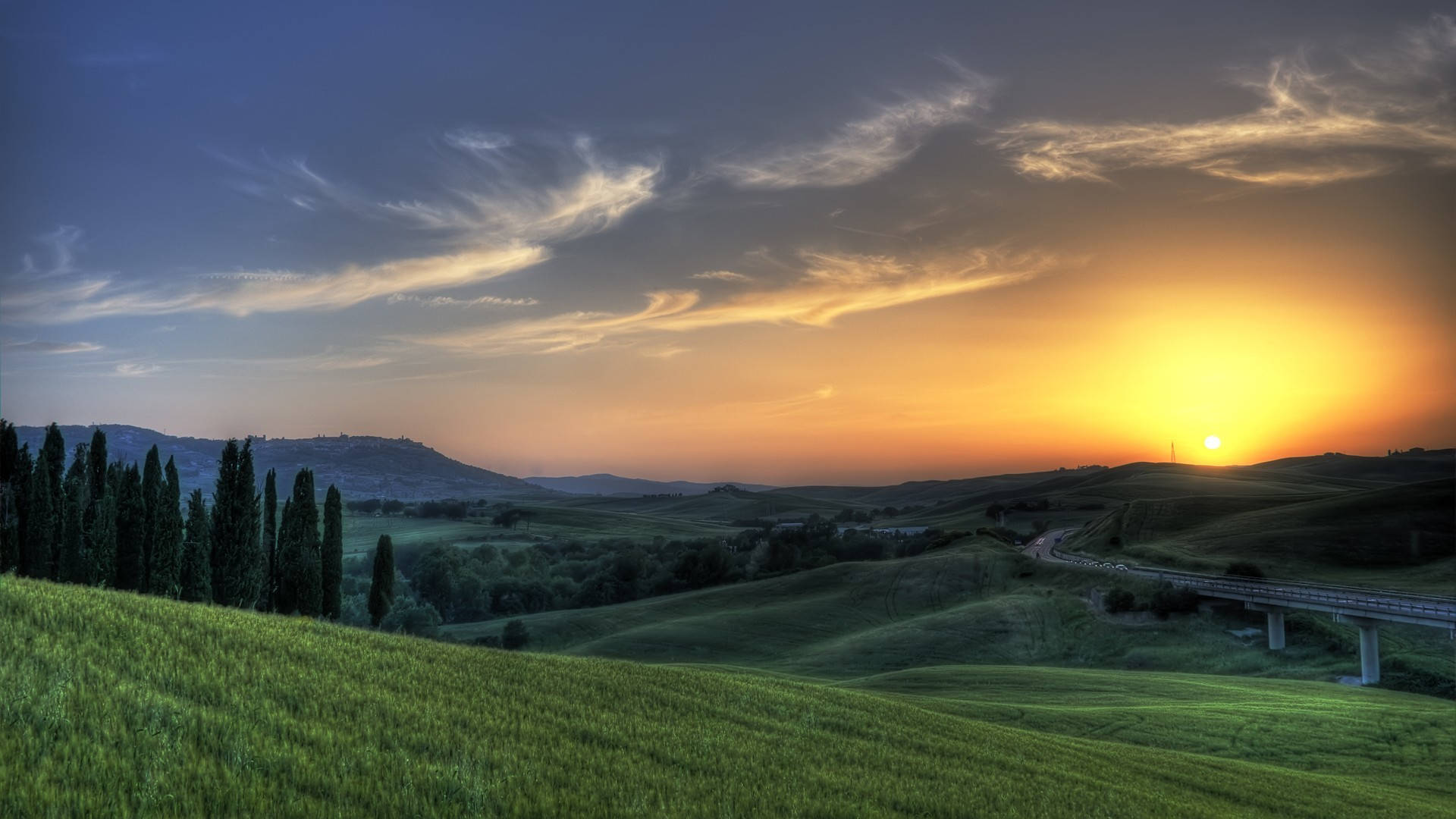 Rolling Hills, Sunset, Green Hills, Full HD Desktop Wallpaper