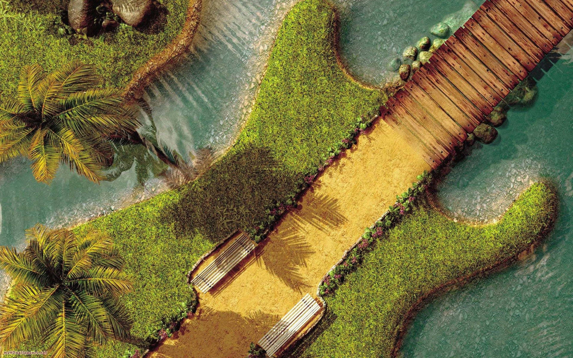 guitar-shaped island, wooden bridge, palm trees, Full HD Desktop Wallpaper