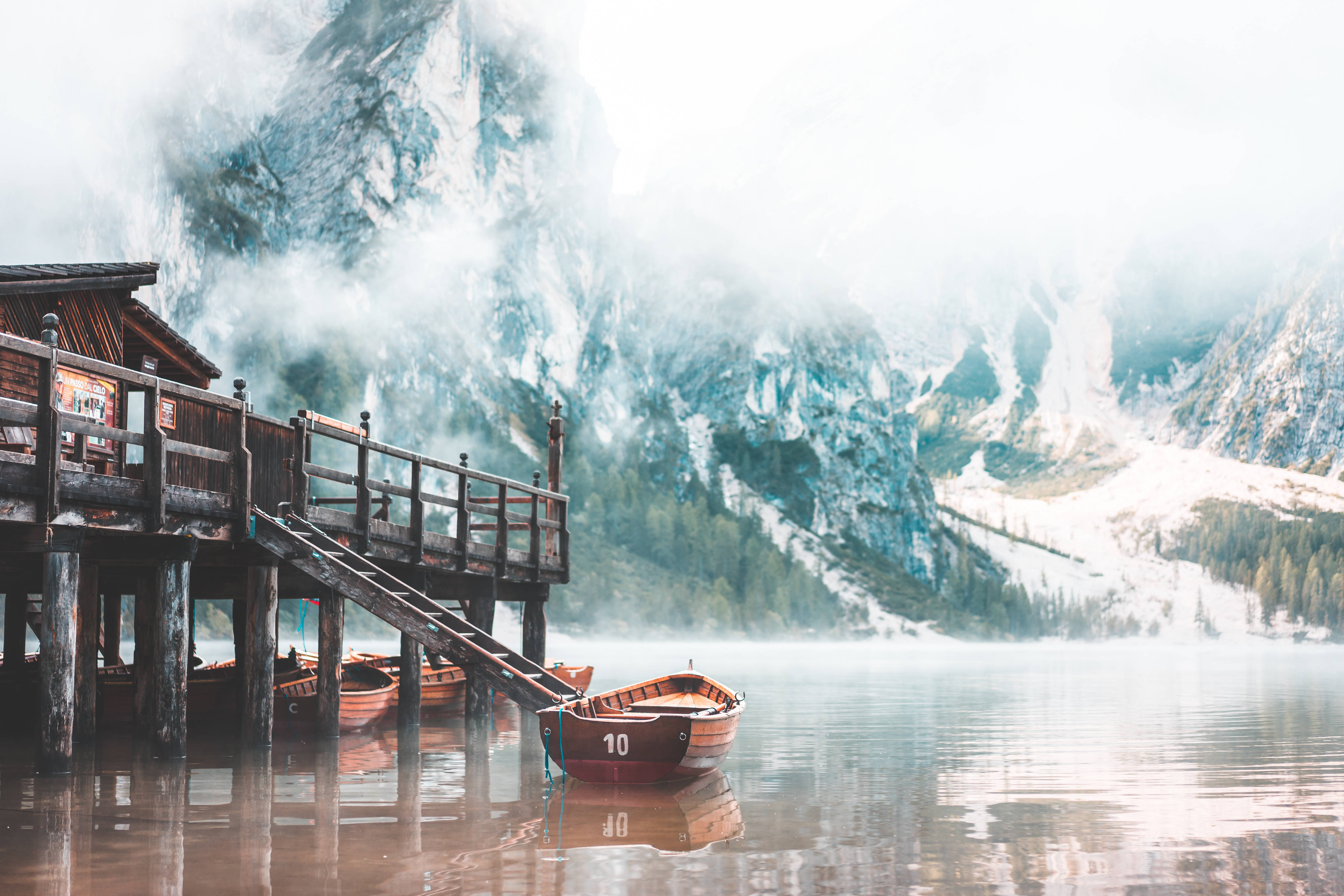 foggy lake landscape, wooden pier, misty lake, 4K Desktop Wallpaper
