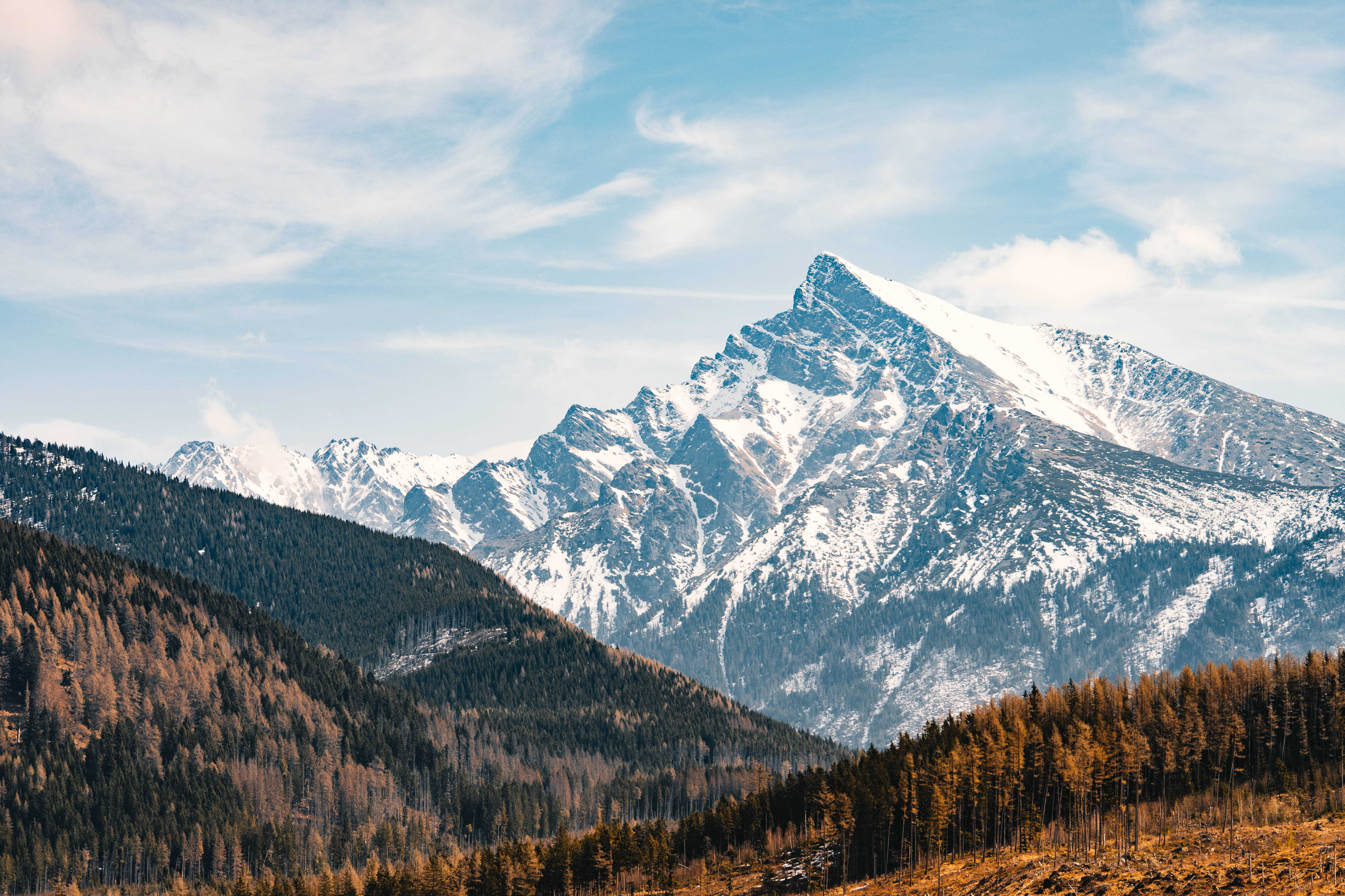 snowy mountain peak, autumn, forested slopes, 5K Desktop Wallpaper