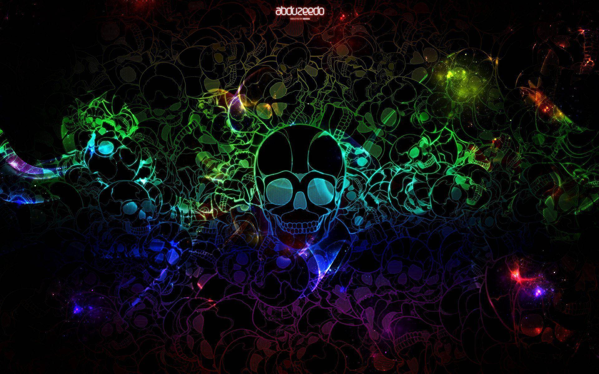 neon rainbow, HD Skull, glowing neon skull, Full HD Desktop Wallpaper