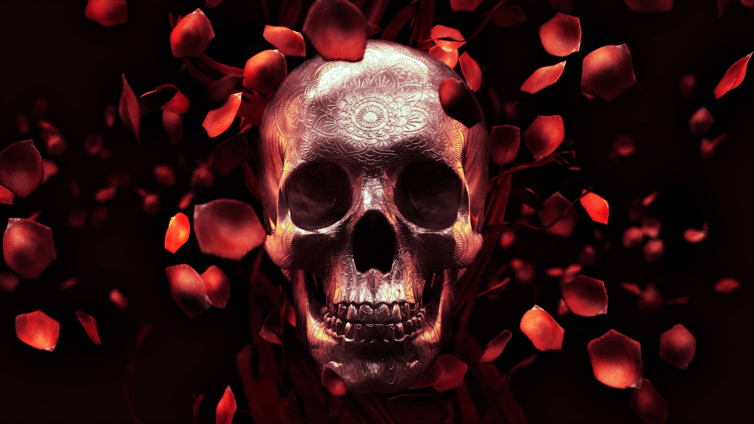 HD Skull, red rose petals, metallic skull, 2K Desktop Wallpaper
