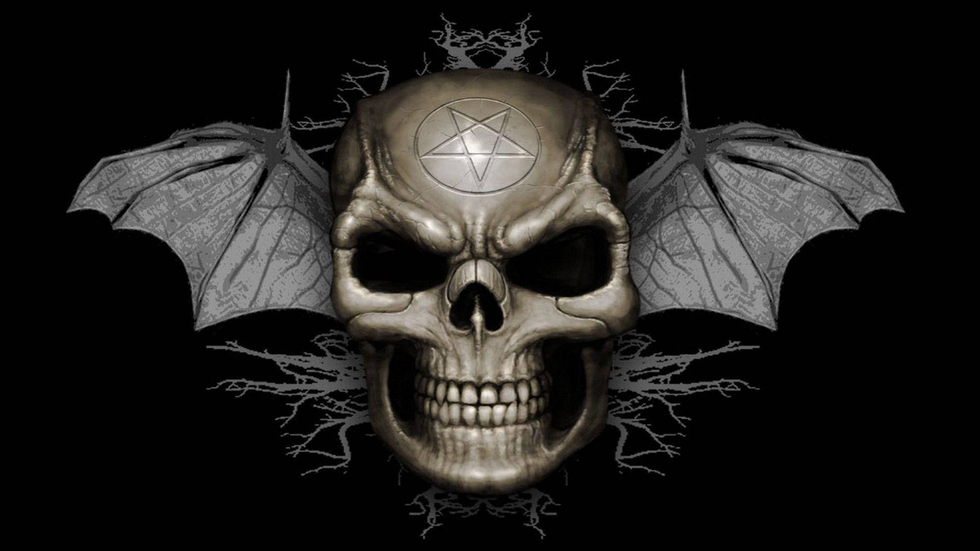 Smiling HD Skull, bat wings, pentagram, Full HD Desktop Wallpaper