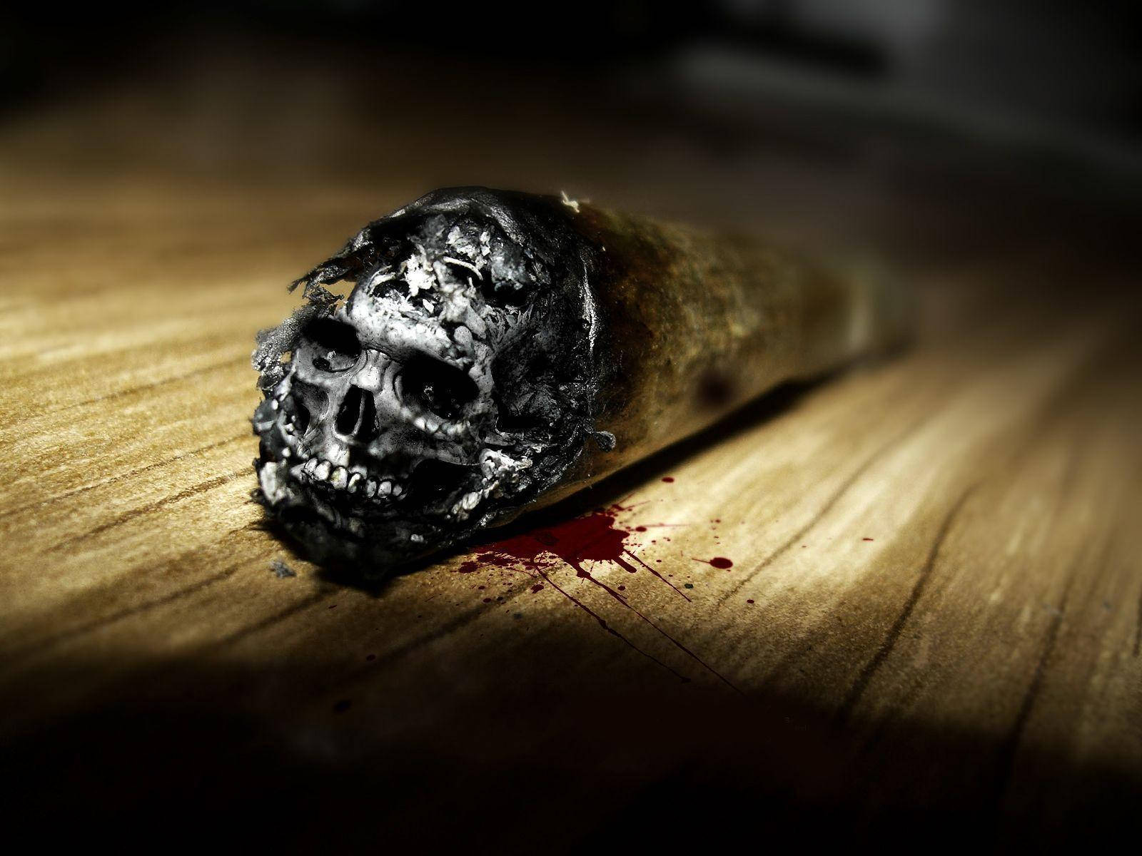 cigarette, skull-shaped ash, wooden surface, HD Desktop Wallpaper