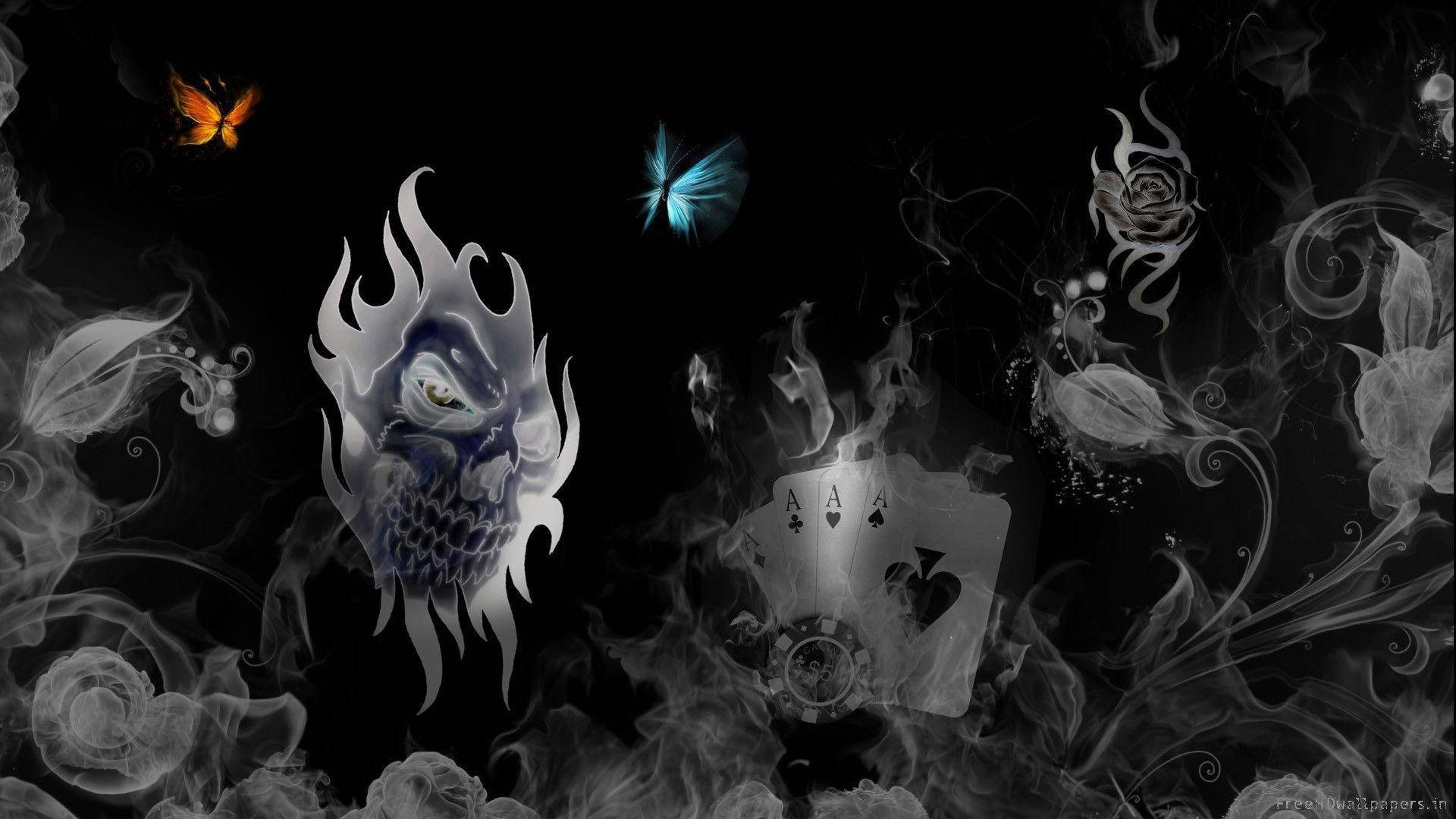 flaming skull, glowing butterflies, aces of spades, Full HD Desktop Wallpaper