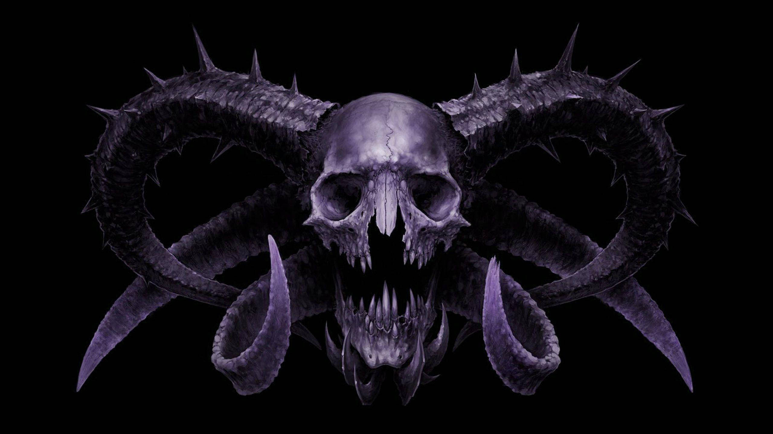 HD Skull, purple demonic skull, spiked curved horns, 2K Desktop Wallpaper