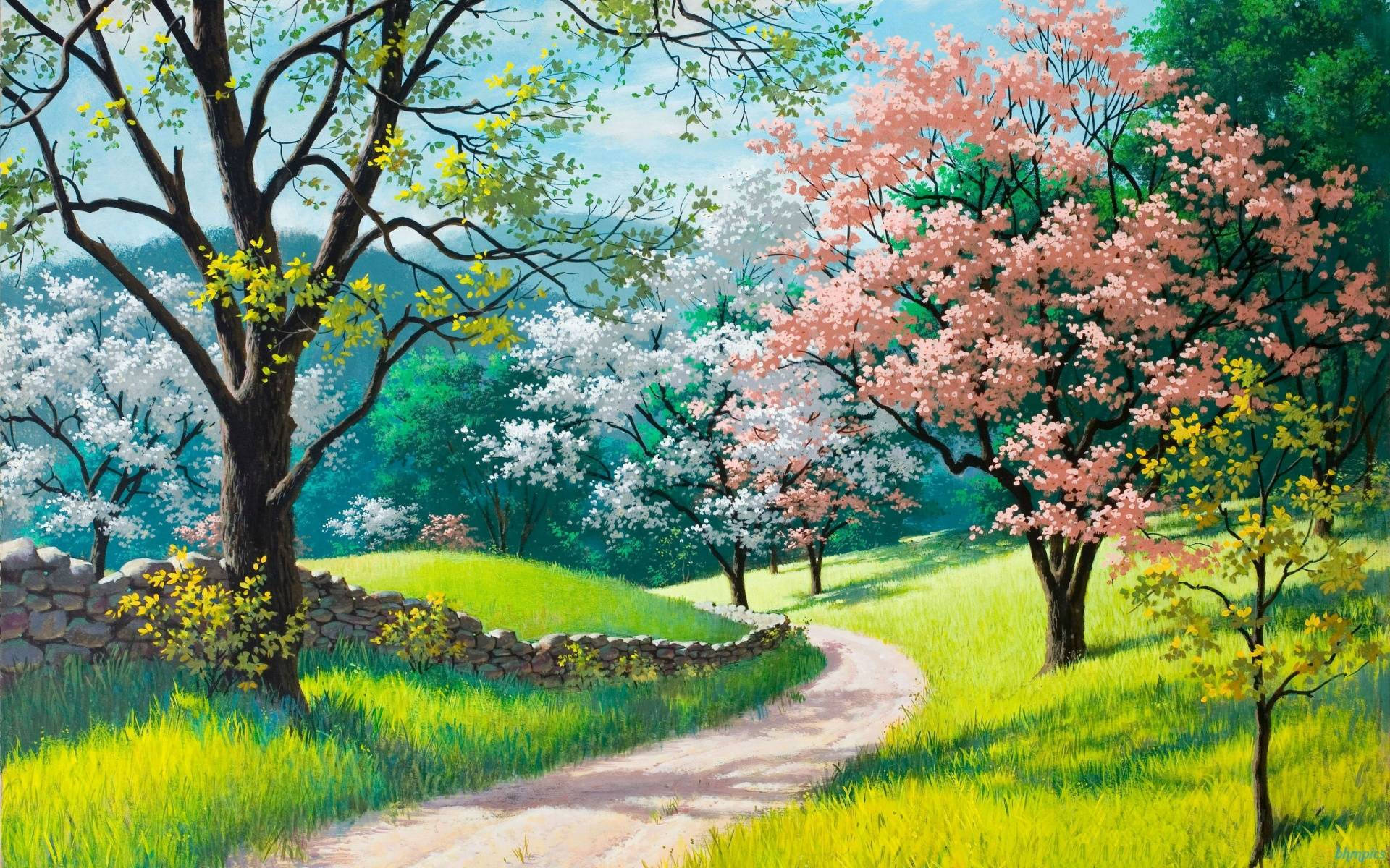 HD Spring, winding dirt path, vibrant spring meadow, Full HD Desktop Wallpaper