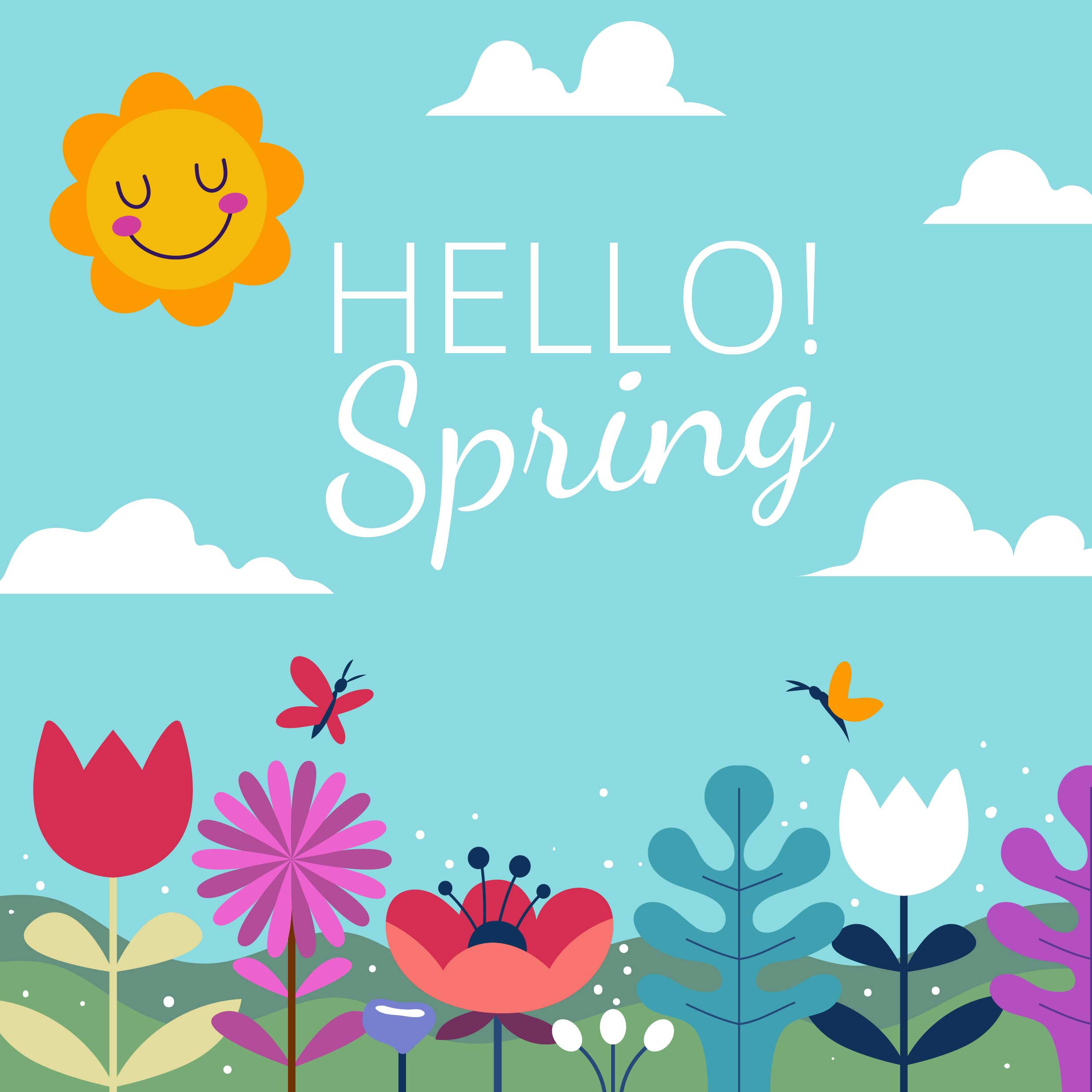 Cute Spring Art, smiling sun, colorful flowers, Full HD Desktop Wallpaper