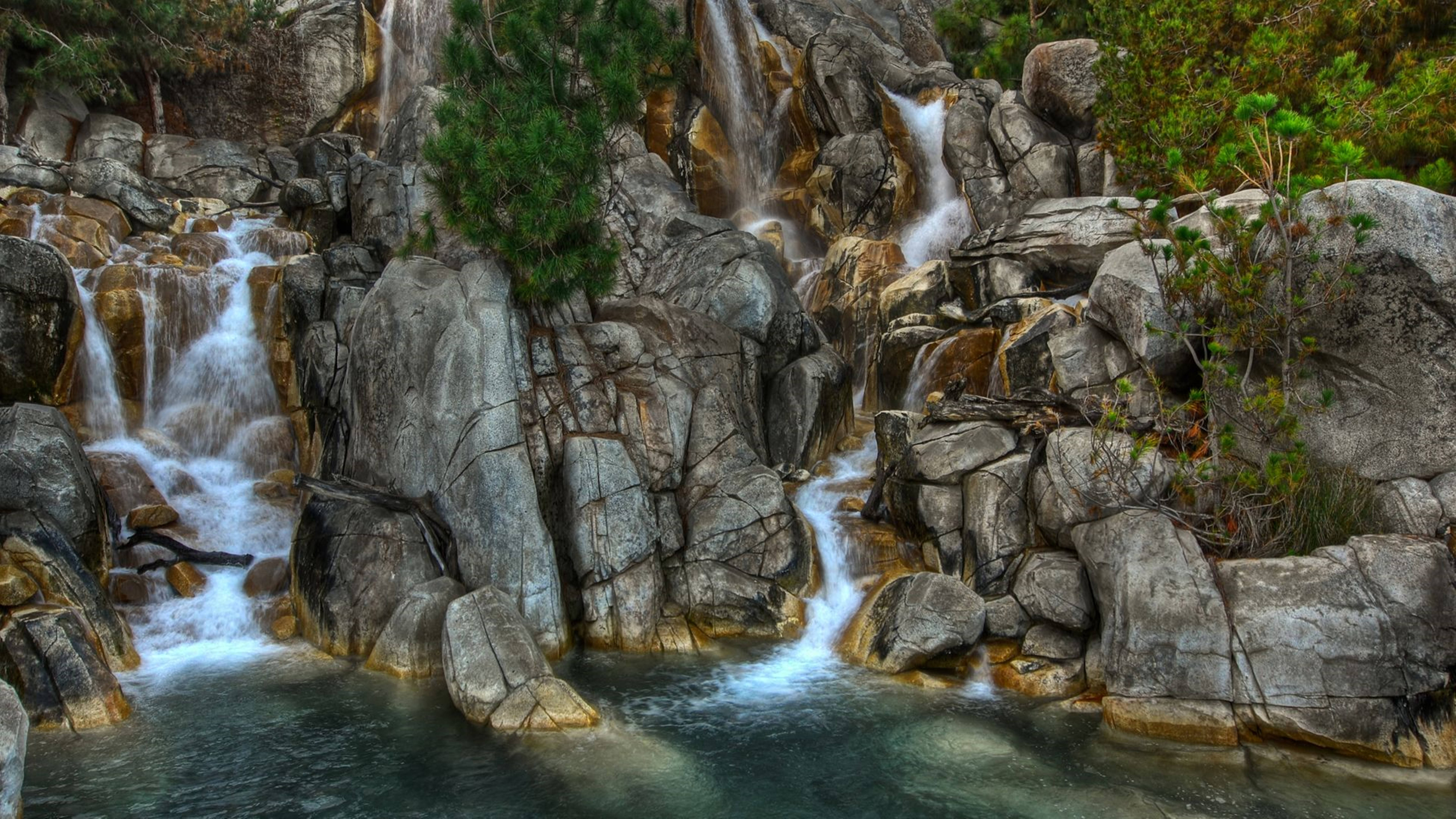 rocky layered hd waterfall river, rugged gray rocks, clear pool, 5K Desktop Wallpaper