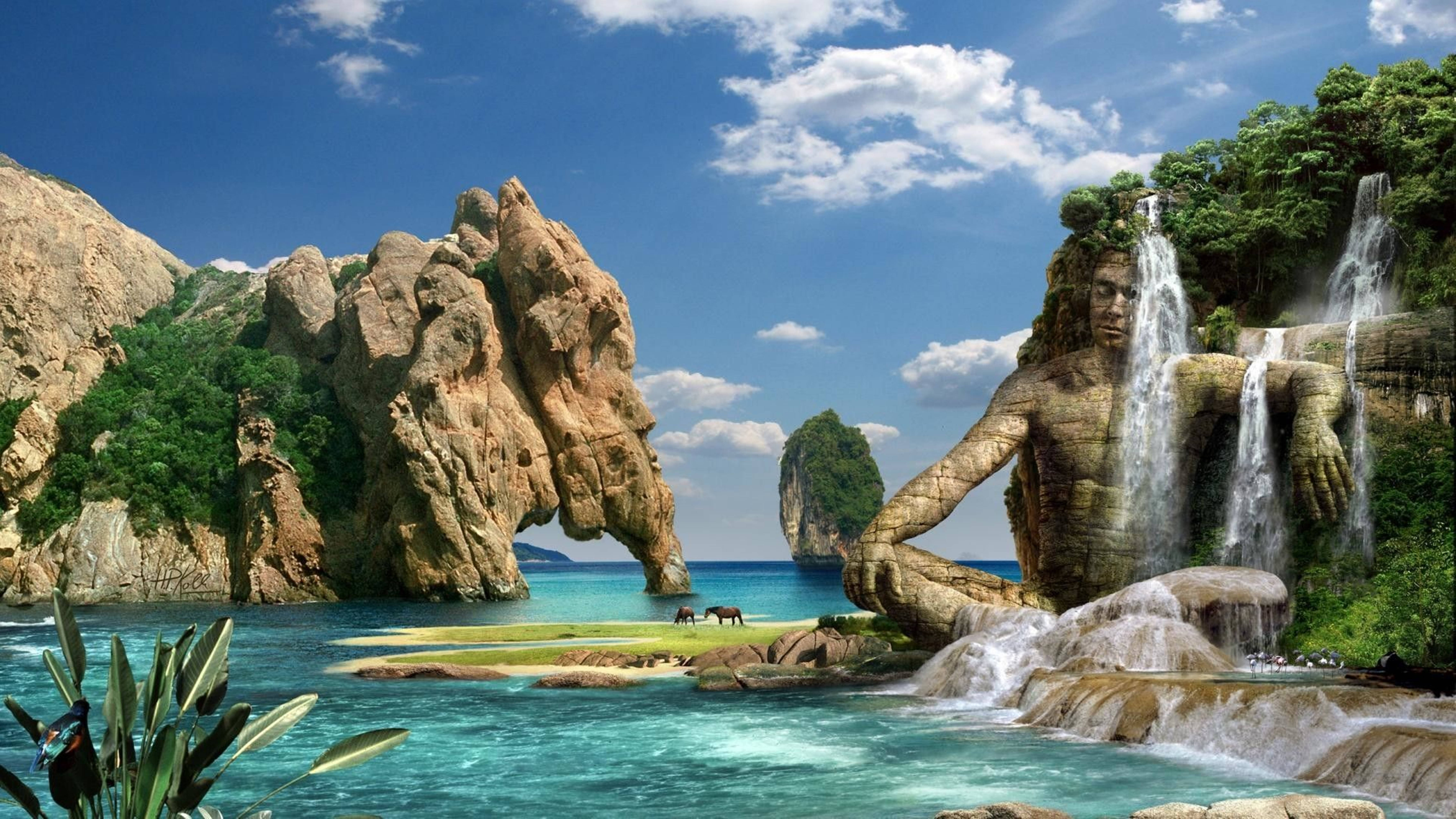 elephant rock, waterfall, turquoise waters, 5K Desktop Wallpaper