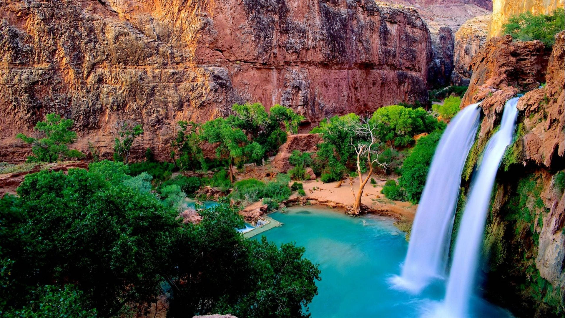 turquoise pool, lush green trees, towering red rock cliffs, Full HD Desktop Wallpaper