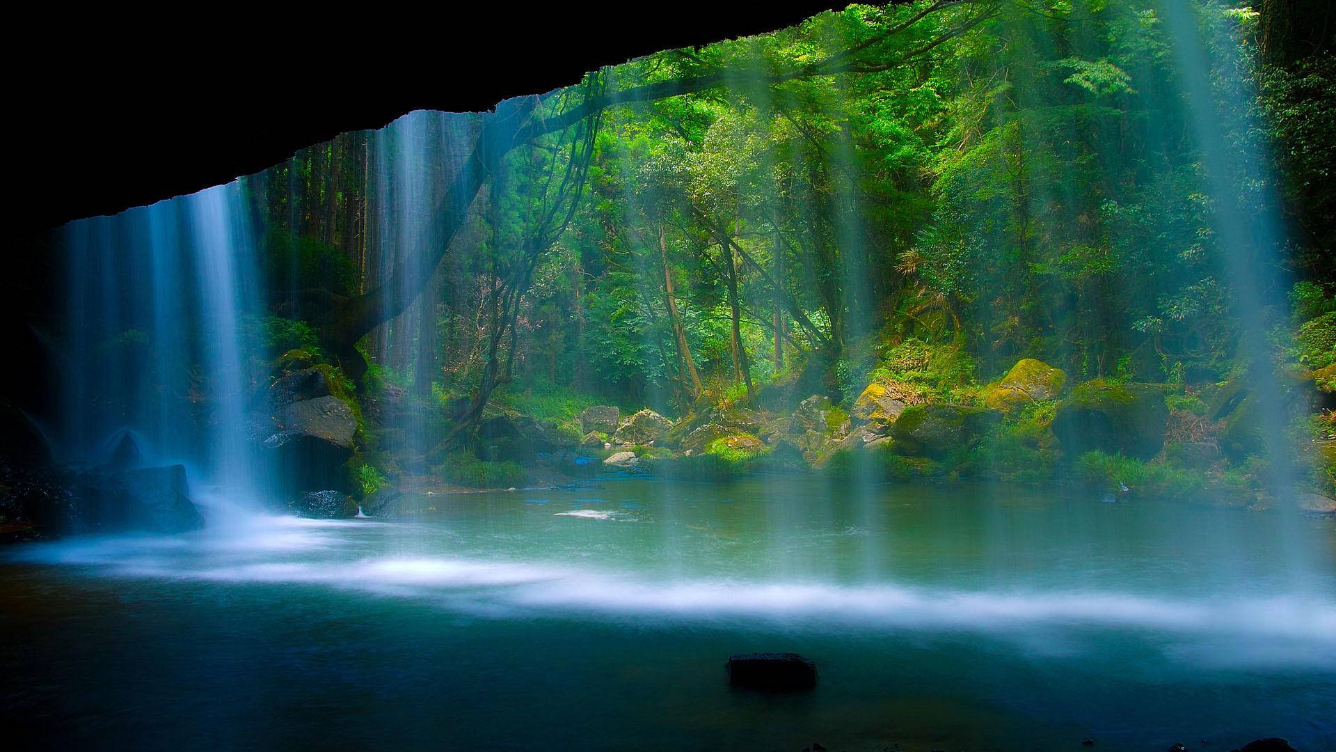 Sunlight beams, forest canopy, misty waterfall pool, Full HD Desktop Wallpaper