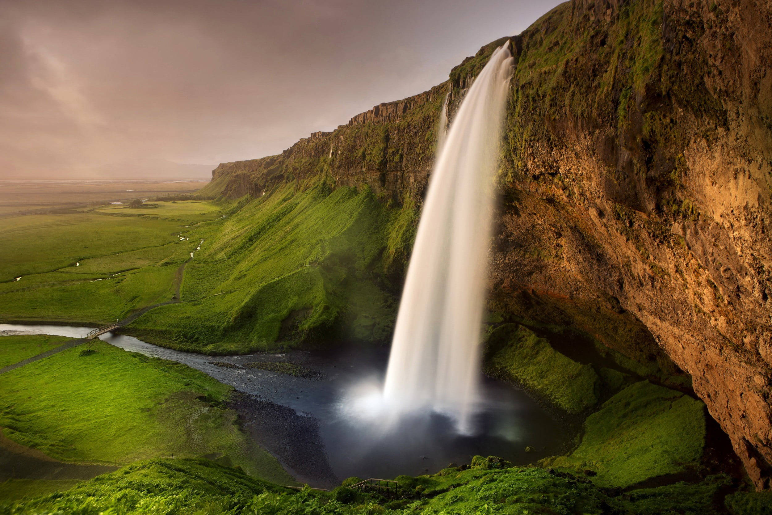 mossy cliff, lush green valleys, soft twilight sky, Full HD Desktop Wallpaper