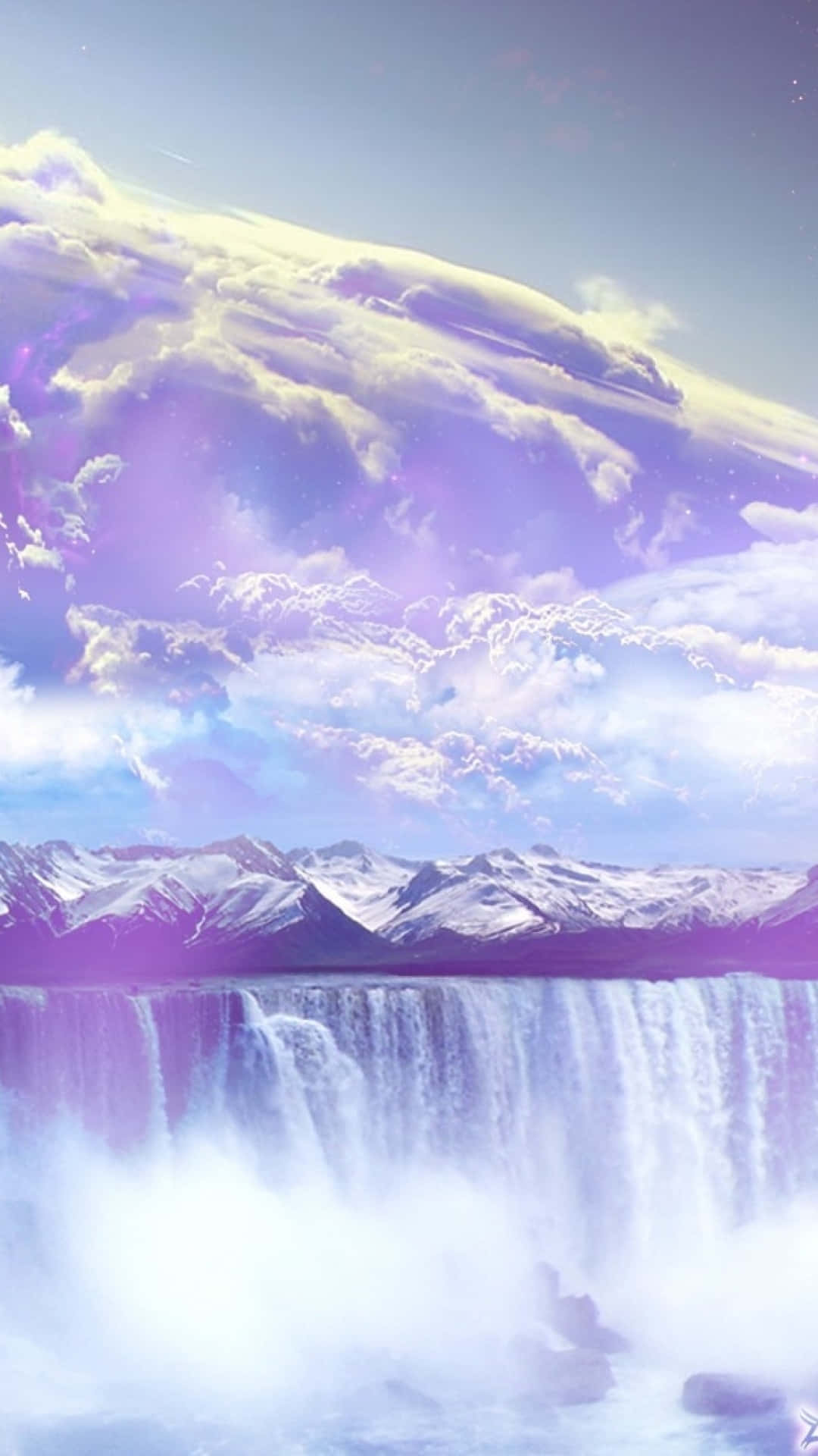 purple waterfall, clouds, mountains, Full HD Phone Wallpaper