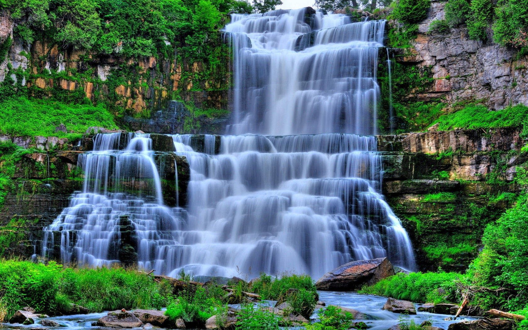 multi step waterfalls, multi-tiered waterfall, mossy rocks, HD Desktop Wallpaper
