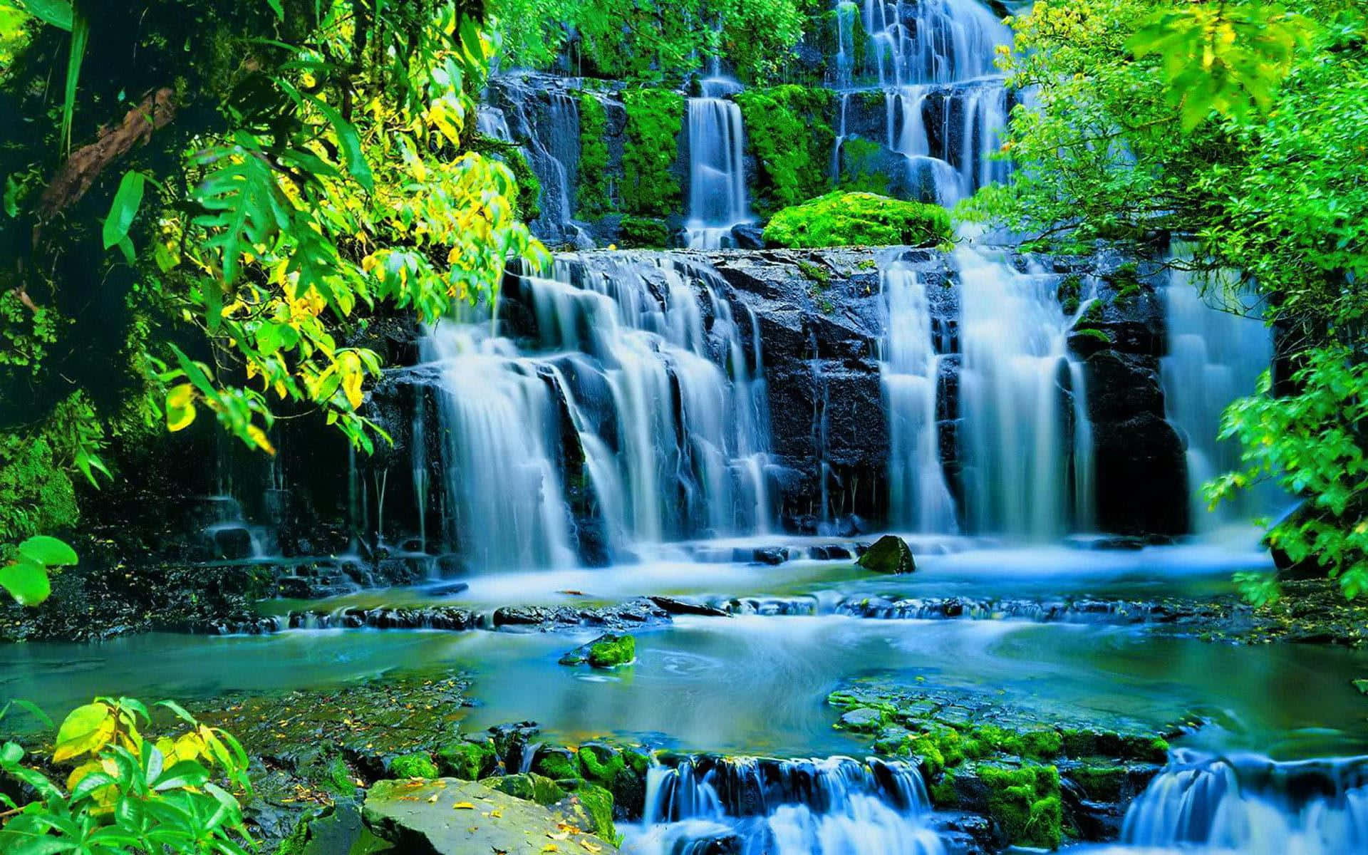 serene waterfall oasis, multi-tiered waterfall, lush green jungle foliage, Full HD Desktop Wallpaper
