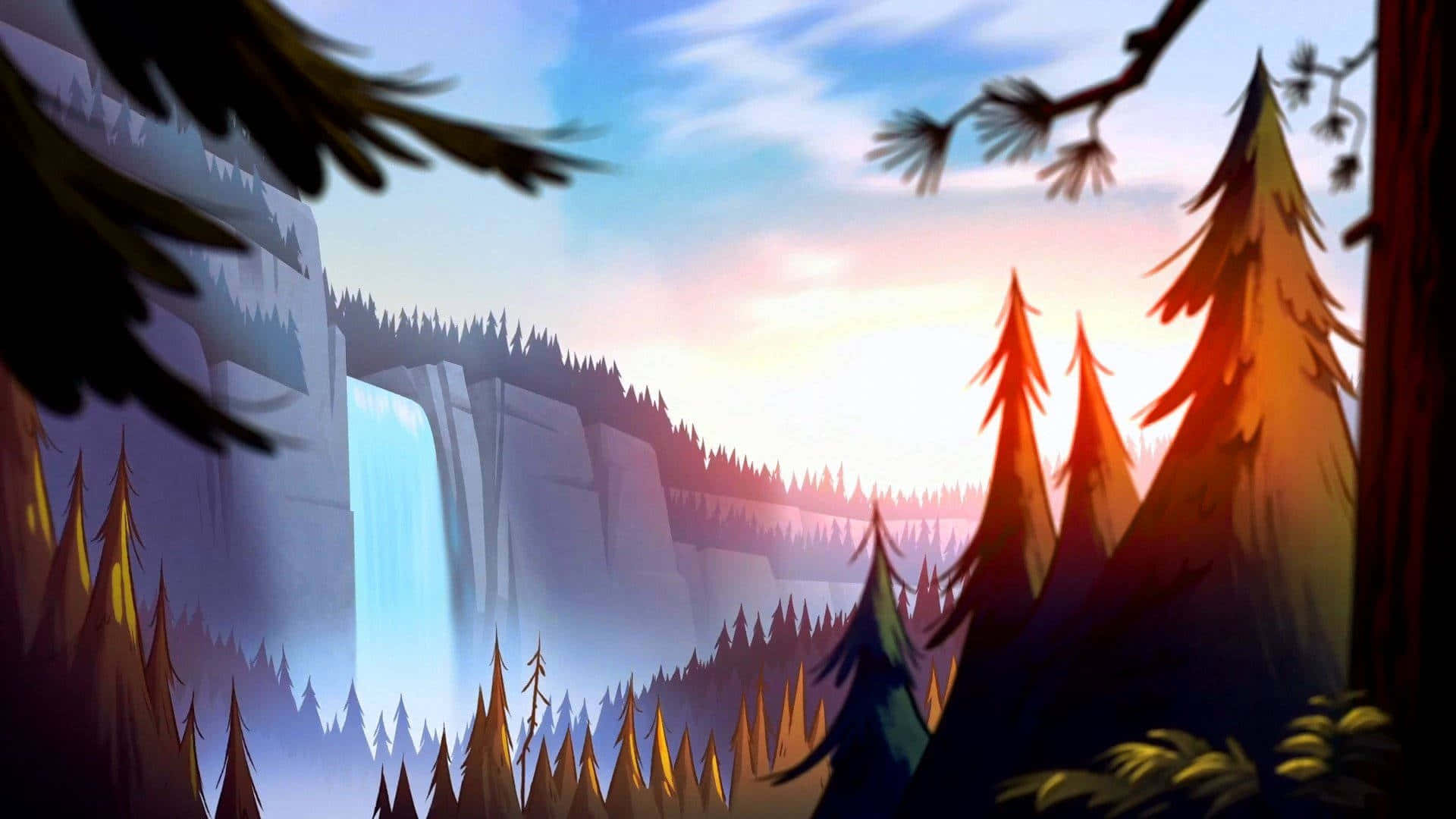 majestic waterfall, sunset, pine trees, Full HD Desktop Wallpaper