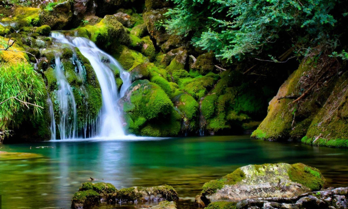 waterfalls 3d nature, emerald pool, mossy rocks, HD Desktop Wallpaper