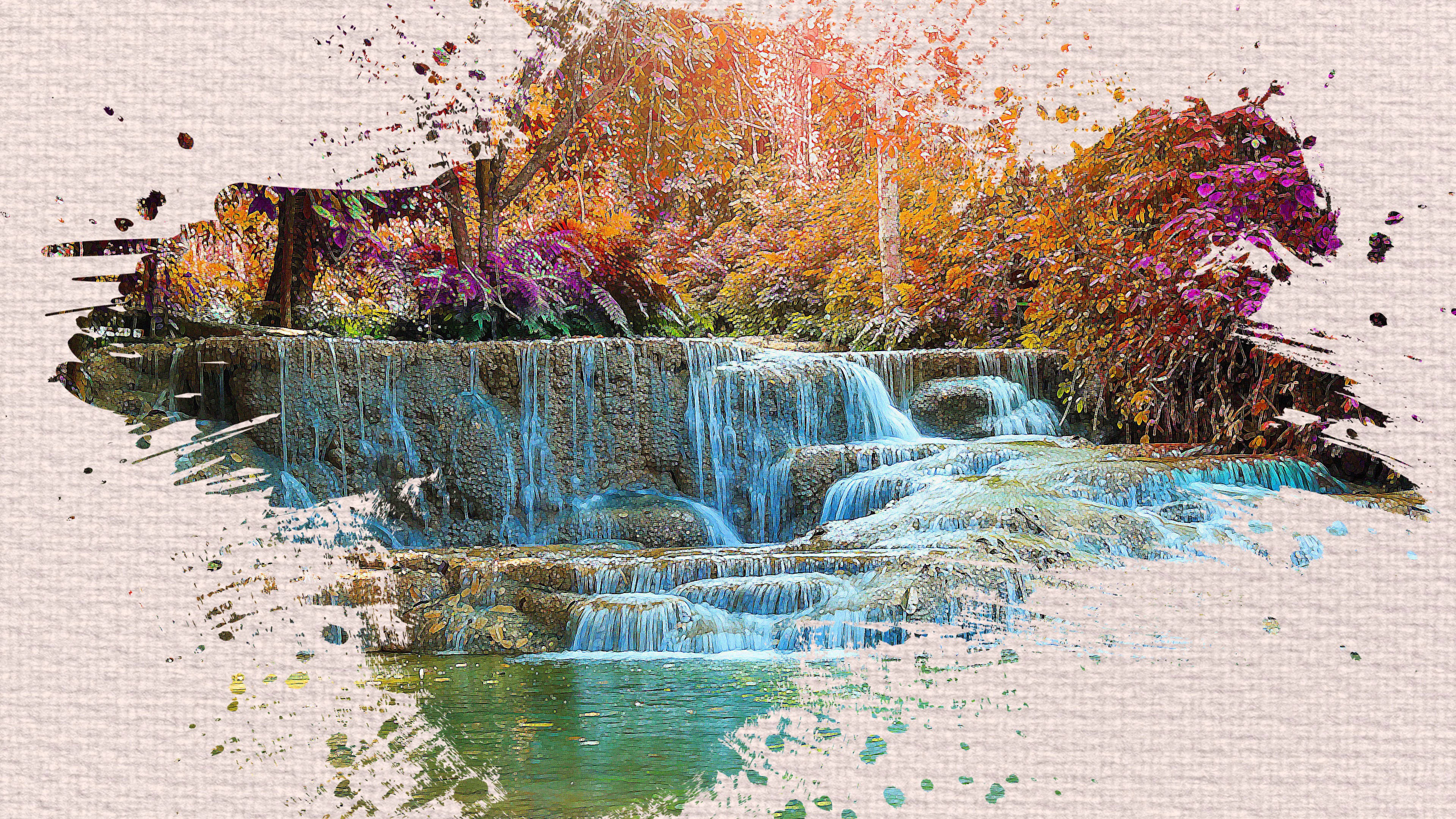 autumn waterfall, turquoise water, layered stone steps, 4K Desktop Wallpaper