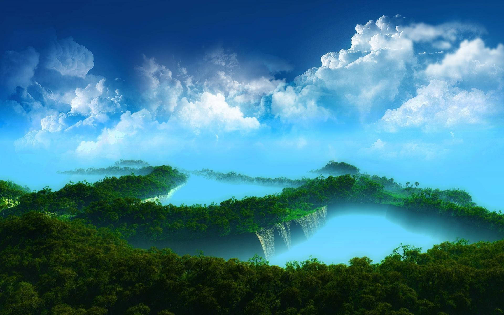 majestic waterfall, misty valley, lush green forests, Full HD Desktop Wallpaper