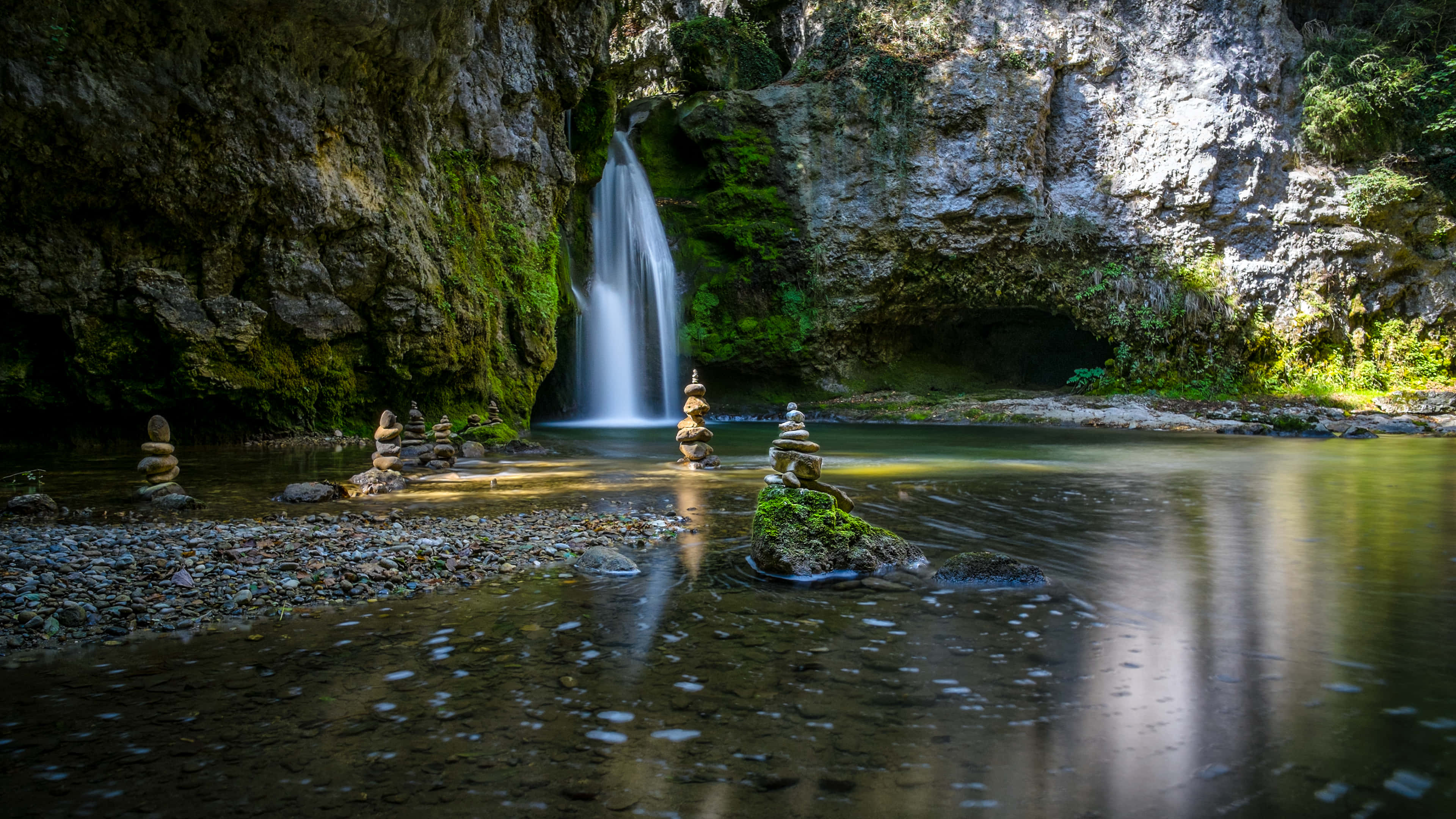 4K Waterfall, pristine nature, mossy rocks, 4K Desktop Wallpaper
