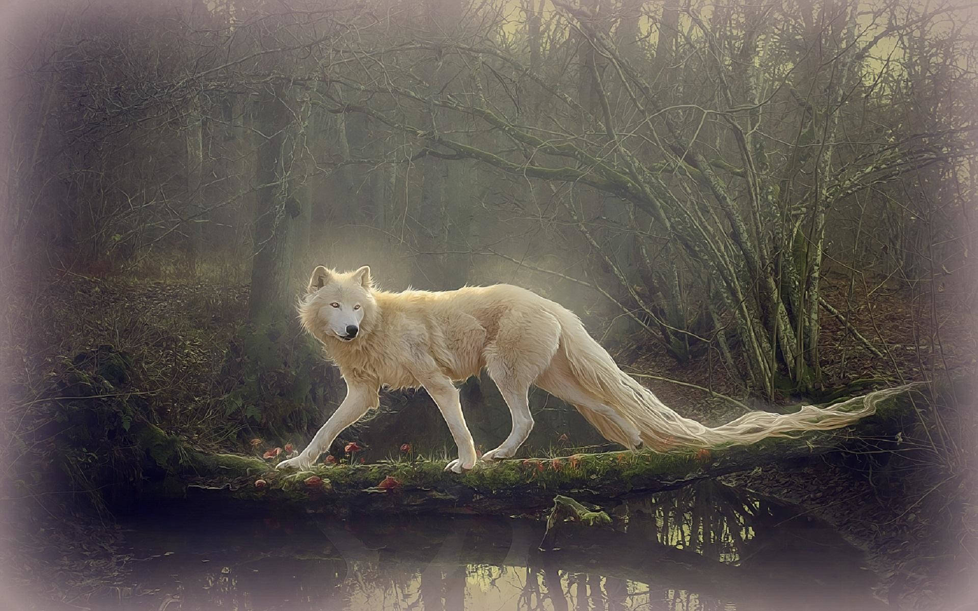 HD Wolf, long tail, white wolf, Full HD Desktop Wallpaper