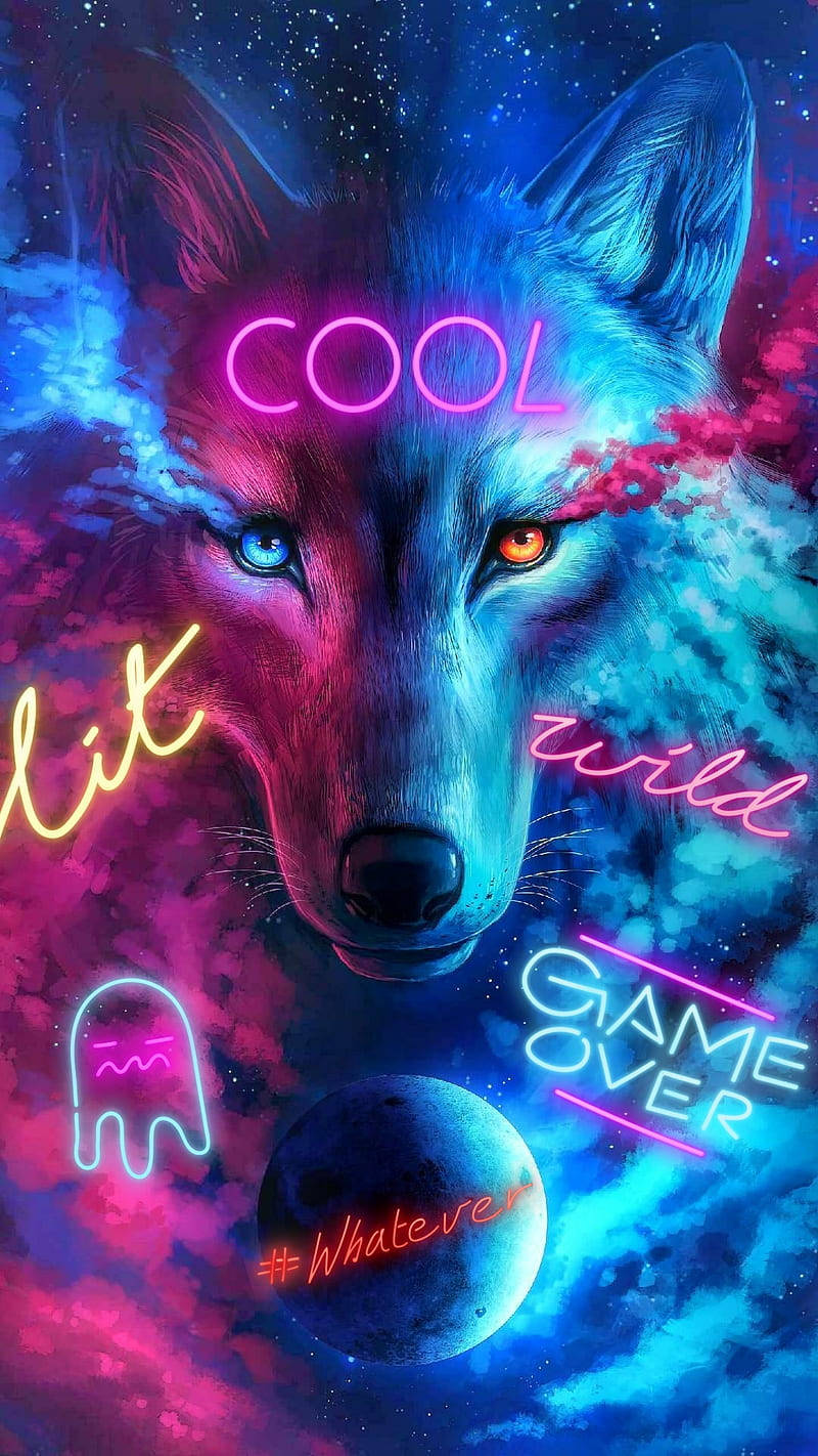 neon-drenched wolf, glowing eyes, cosmic sky, HD Phone Wallpaper