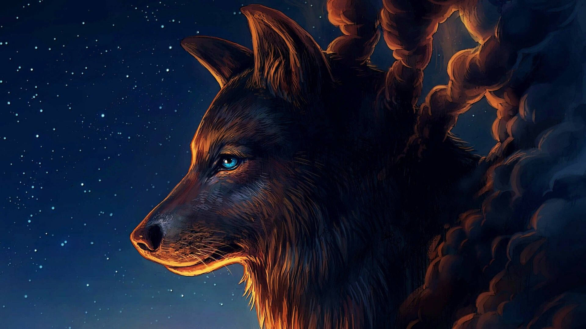 HD Wolf, glowing blue eyes, starry night sky, Full HD Desktop Wallpaper