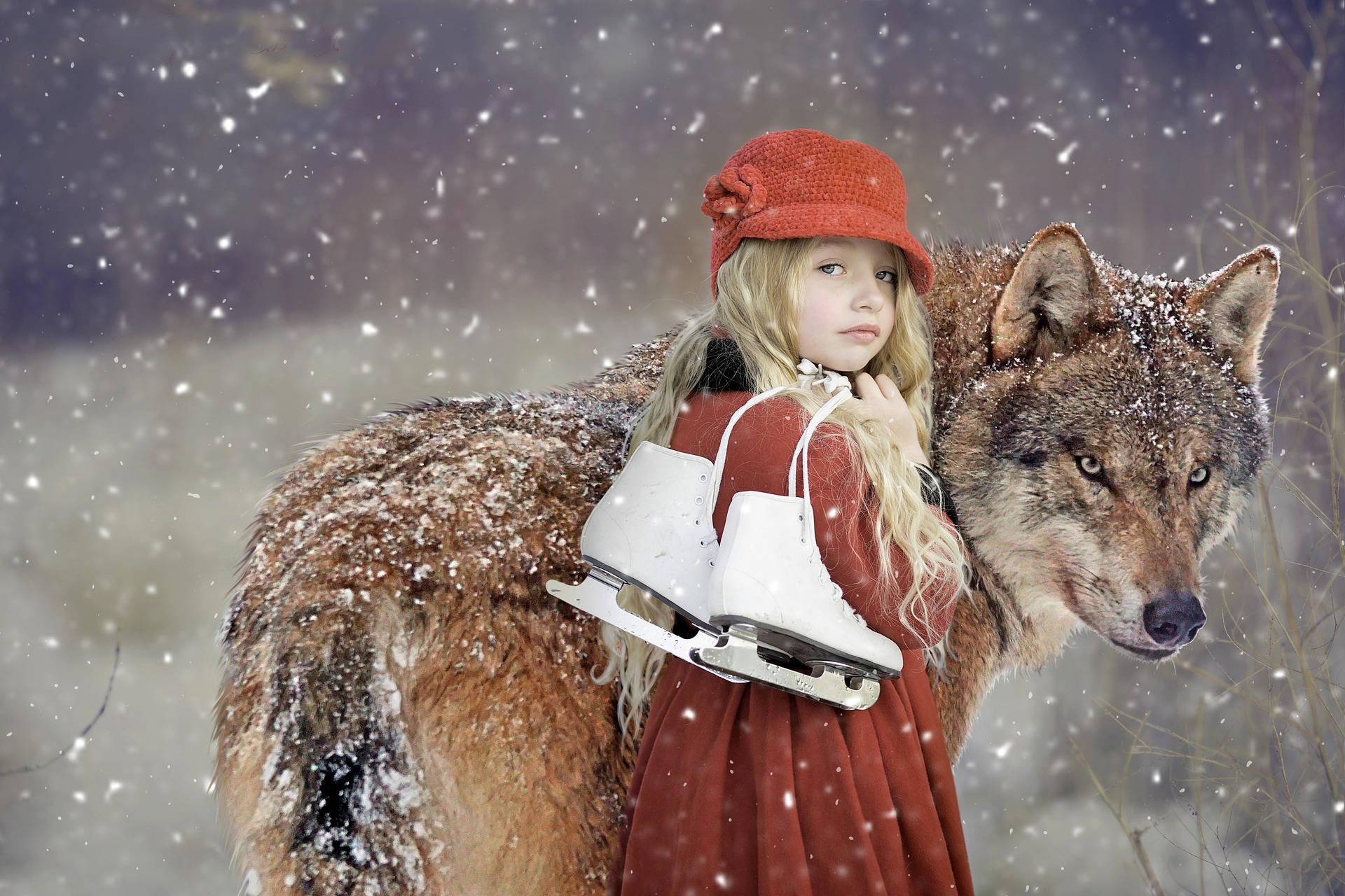 HD Wolf, cute girl, red coat, Full HD Desktop Wallpaper