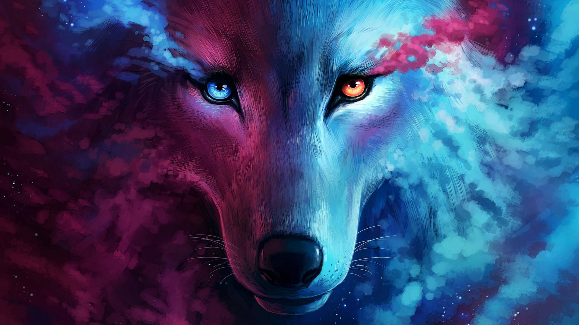 digital-art wolf, one blue and one orange eye, cosmic nebula, Full HD Desktop Wallpaper