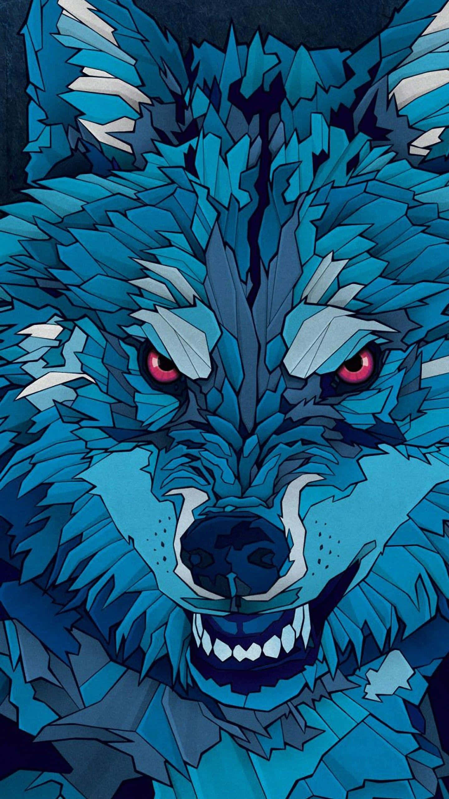 3D wolf, blue crystalline wolf, glowing red eyes, 2K Phone Wallpaper