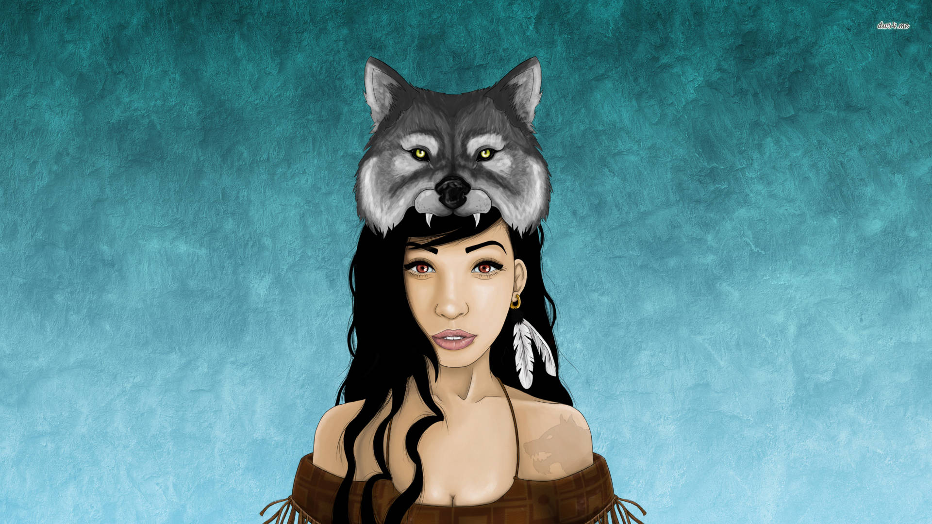 wolf girl, wolf headpiece, long dark hair, Full HD Desktop Wallpaper