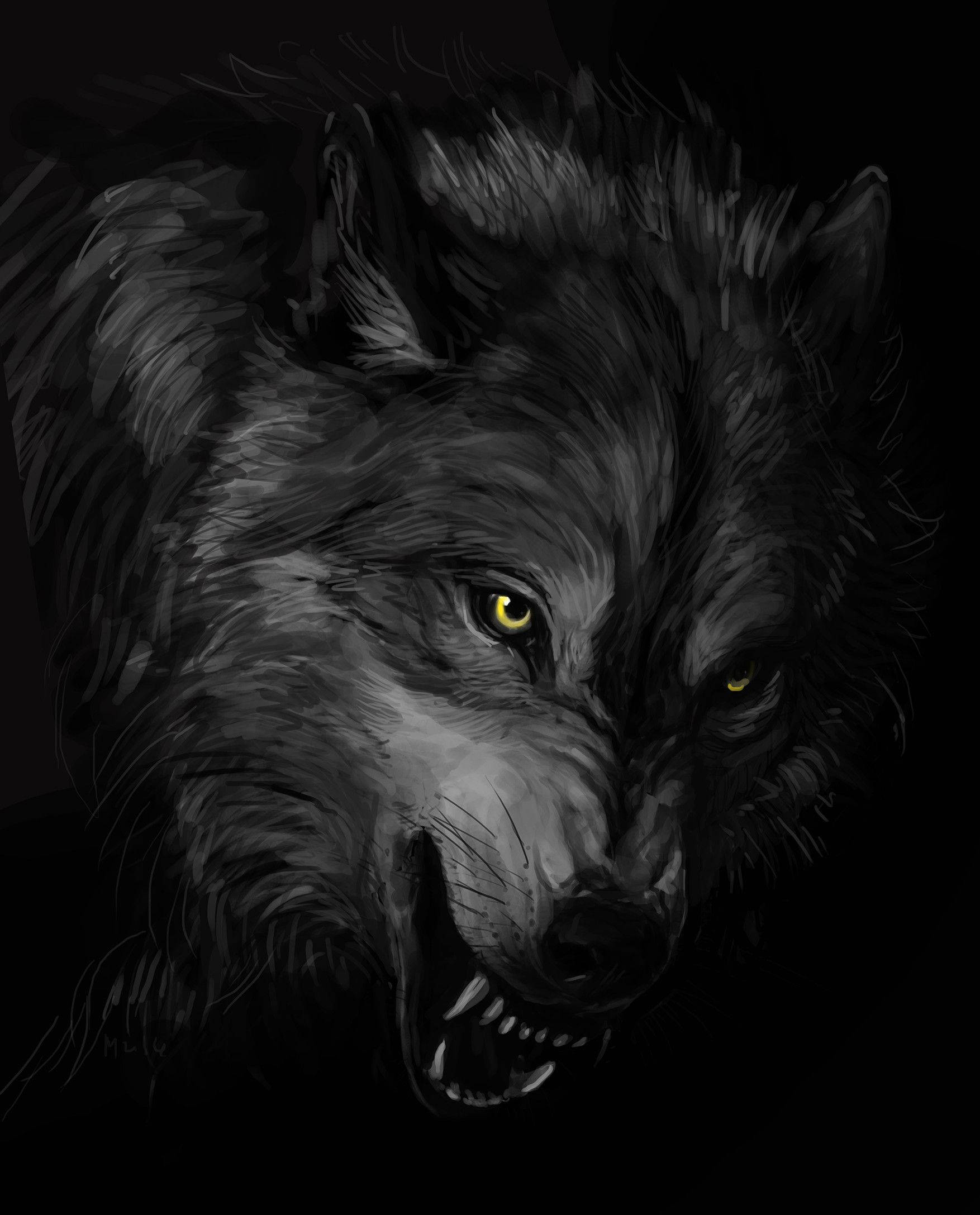 hairy white and black wolf, black wolf, glowing yellow eyes, Full HD Phone Wallpaper
