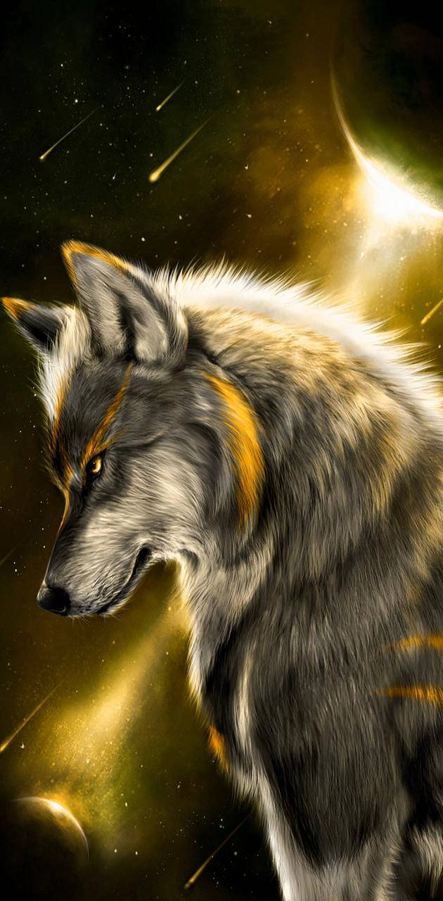 golden galaxy, fierce wolf, cosmic backdrop, HD Phone Wallpaper